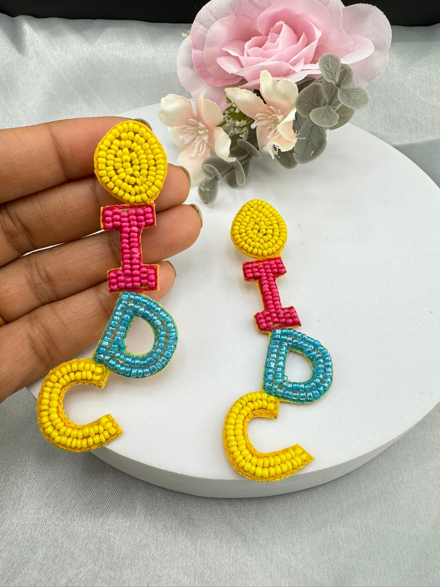 Beaded Pink Yellow and Blue I DONT CARE quirky beaded earring/Handmade earrings