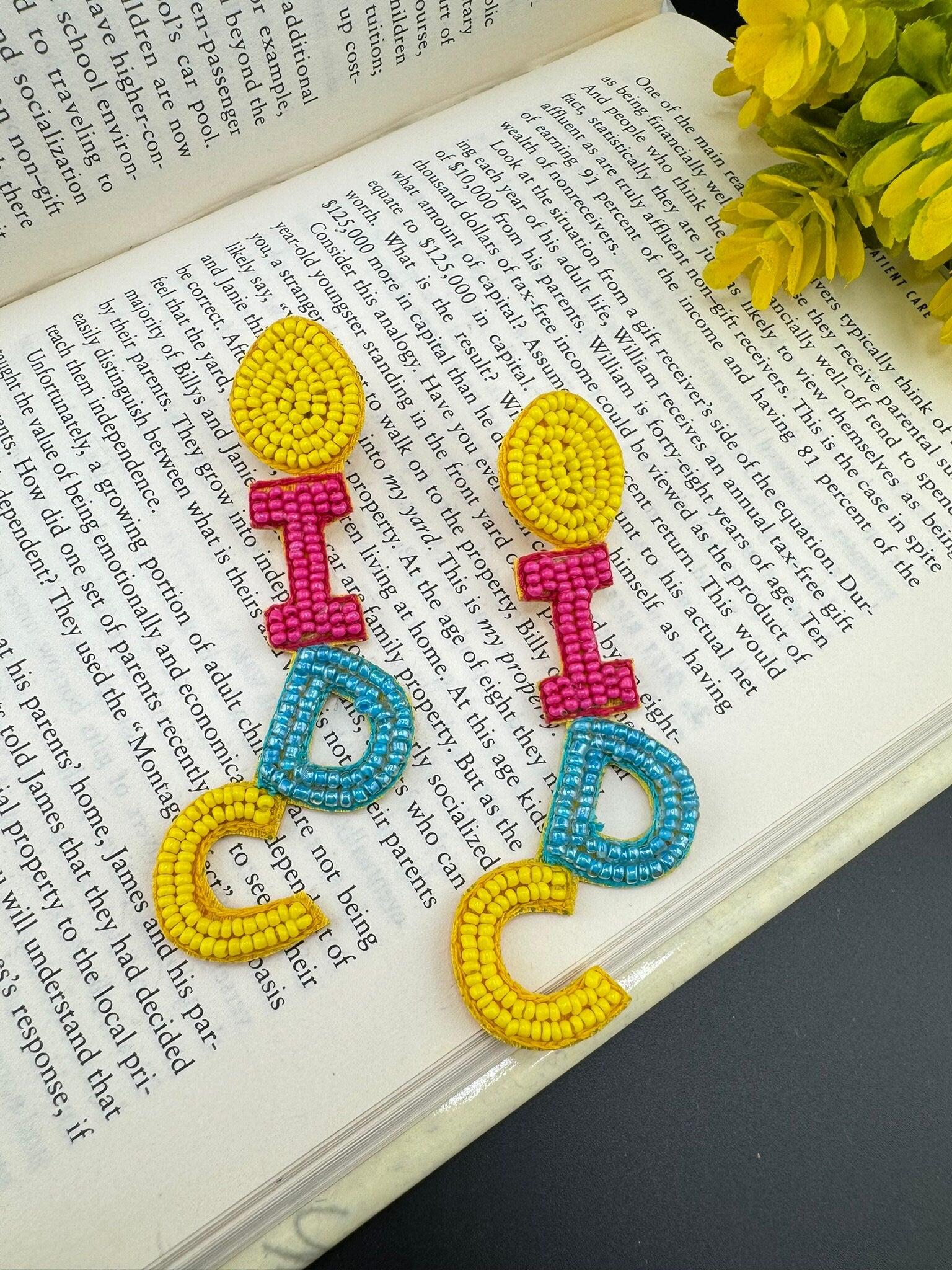 Beaded Pink Yellow and Blue I DONT CARE quirky beaded earring/Handmade earrings