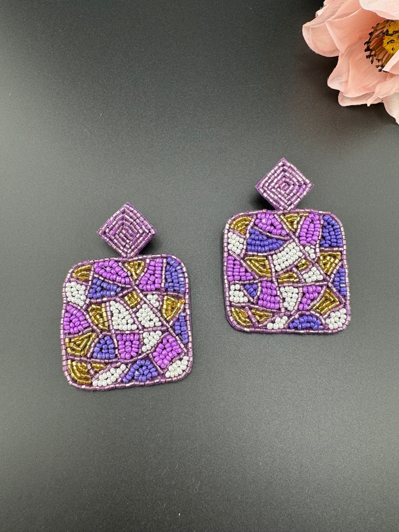 Beaded Purple and Lavender Square quirky beaded earring/Handmade earrings