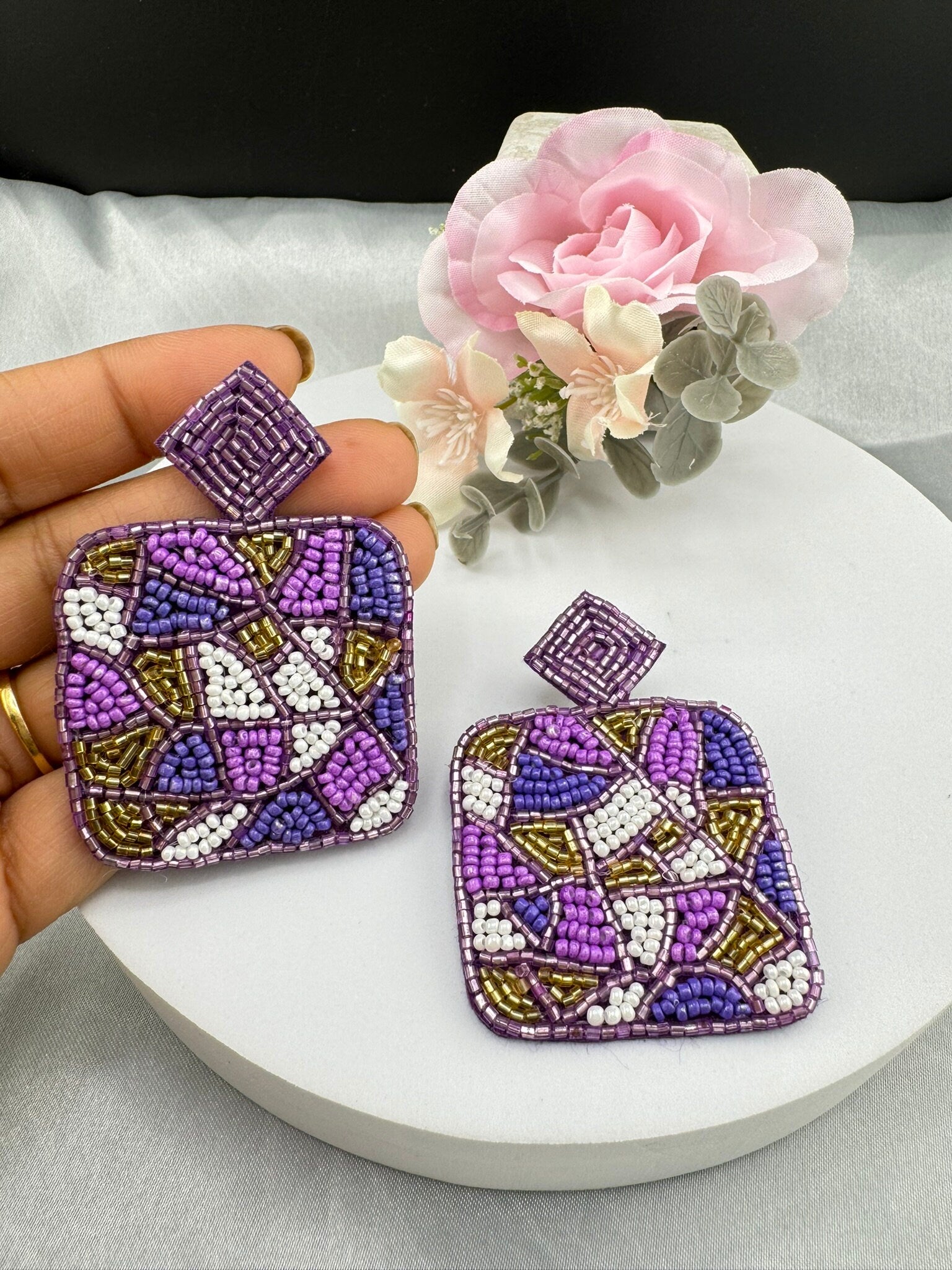 Beaded Purple and Lavender Square quirky beaded earring/Handmade earrings