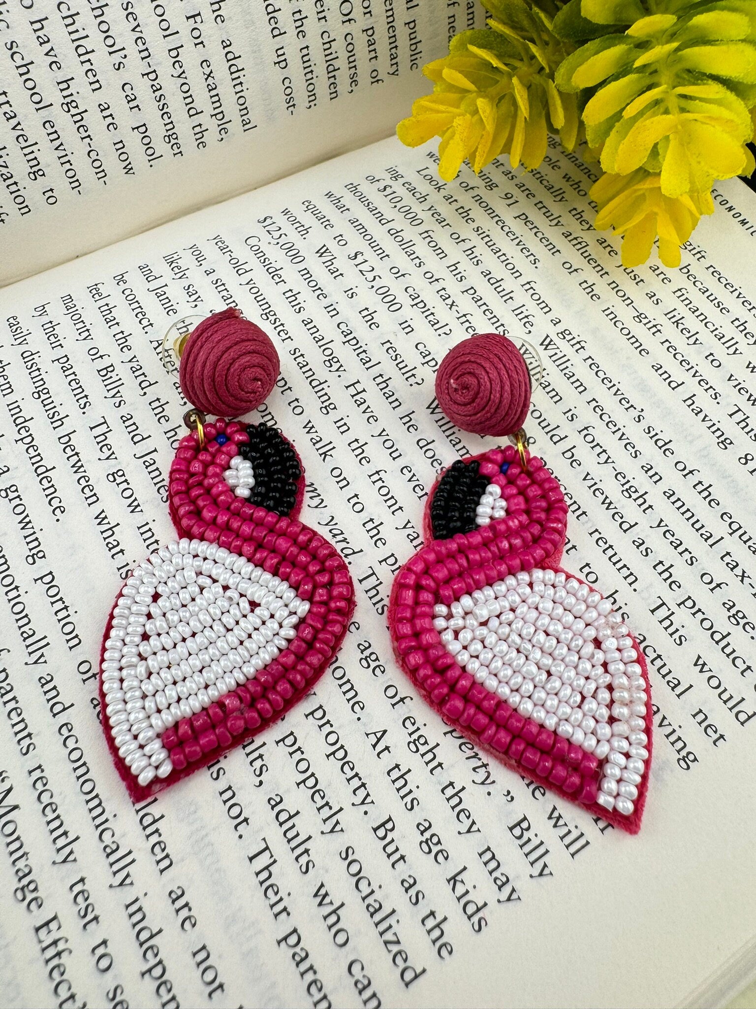 Beaded Pink and White Flamingo quirky beaded earring/Handmade earrings