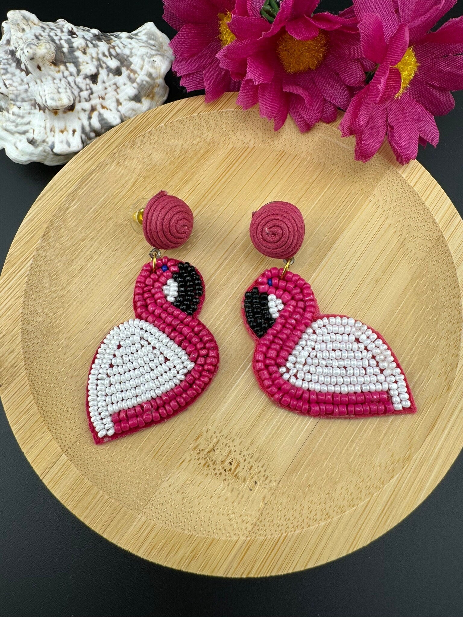Beaded Pink and White Flamingo quirky beaded earring/Handmade earrings