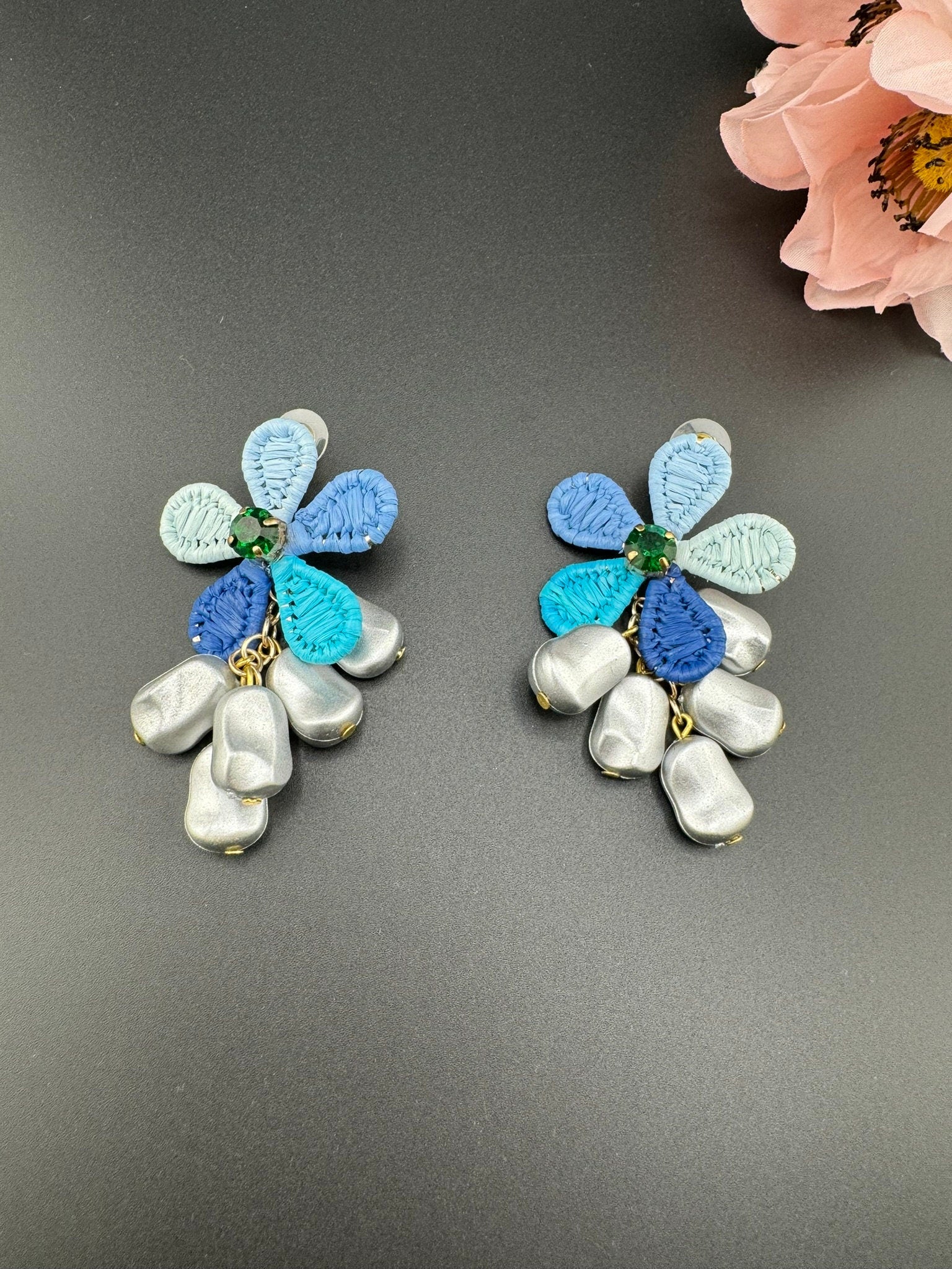 Threaded Blue Flower with Pearls dangle quirky earring/Handmade earrings