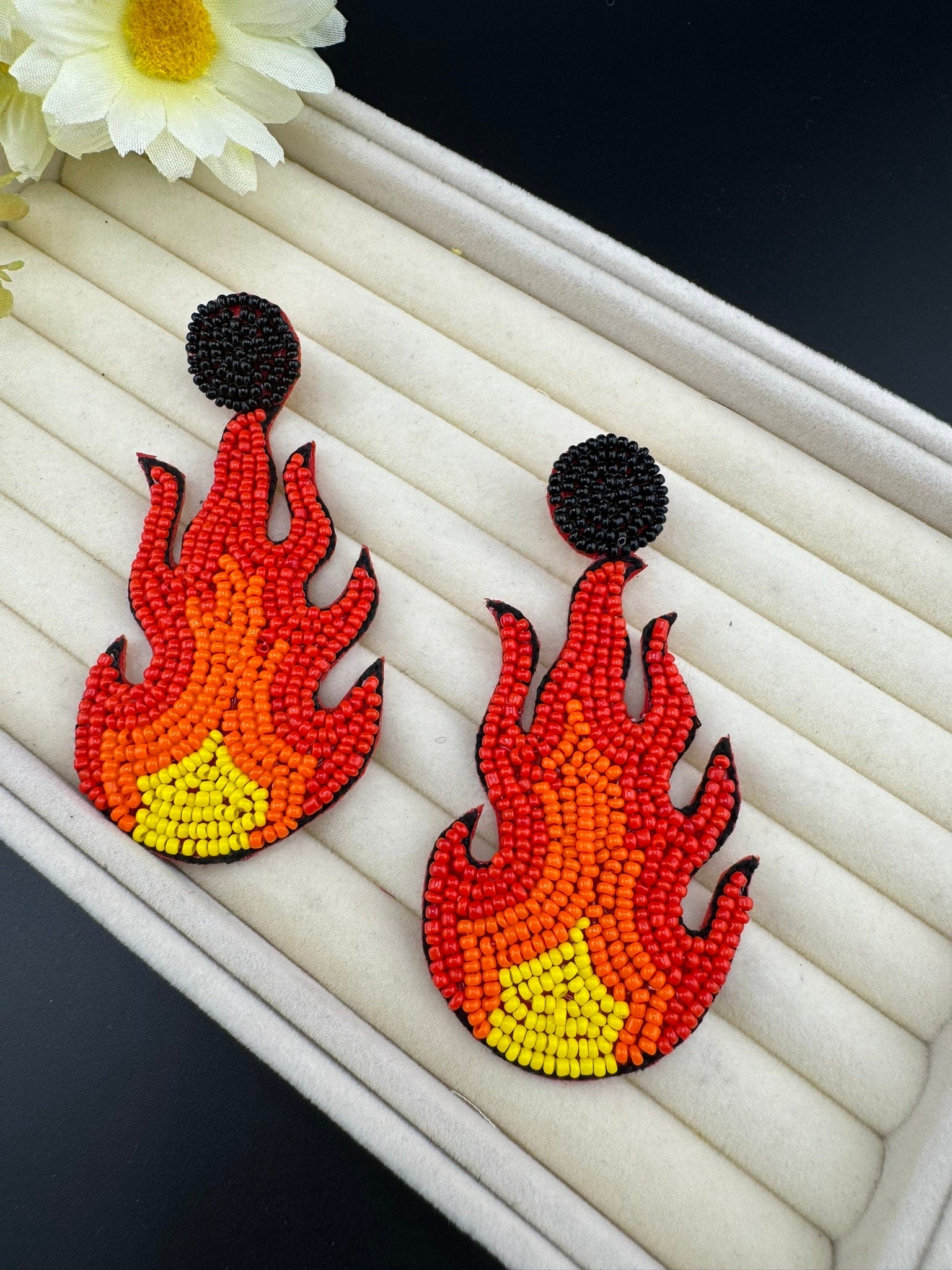 Beaded Orange and Red FIRE quirky beaded earring/Handmade earrings