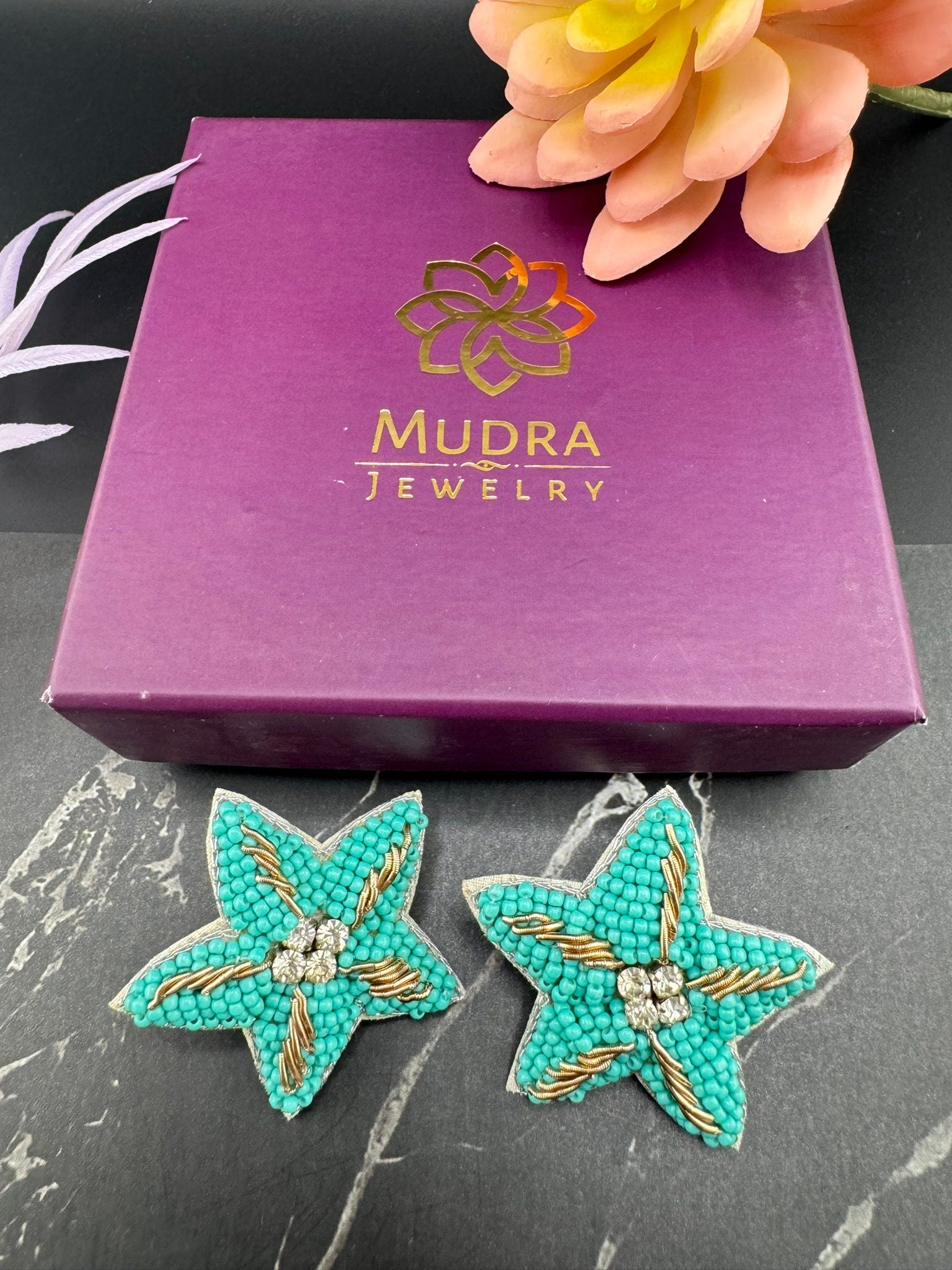Beaded Turquoise star quirky Stud earrings / Handmade earrings