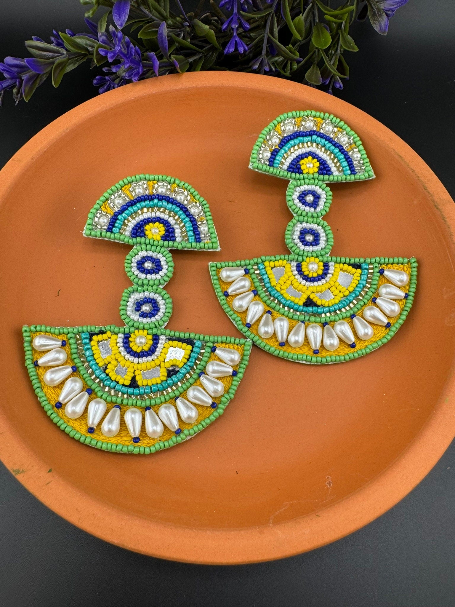 Beaded Oversized Long Quirky Green earring/Handmade Oversized earrings