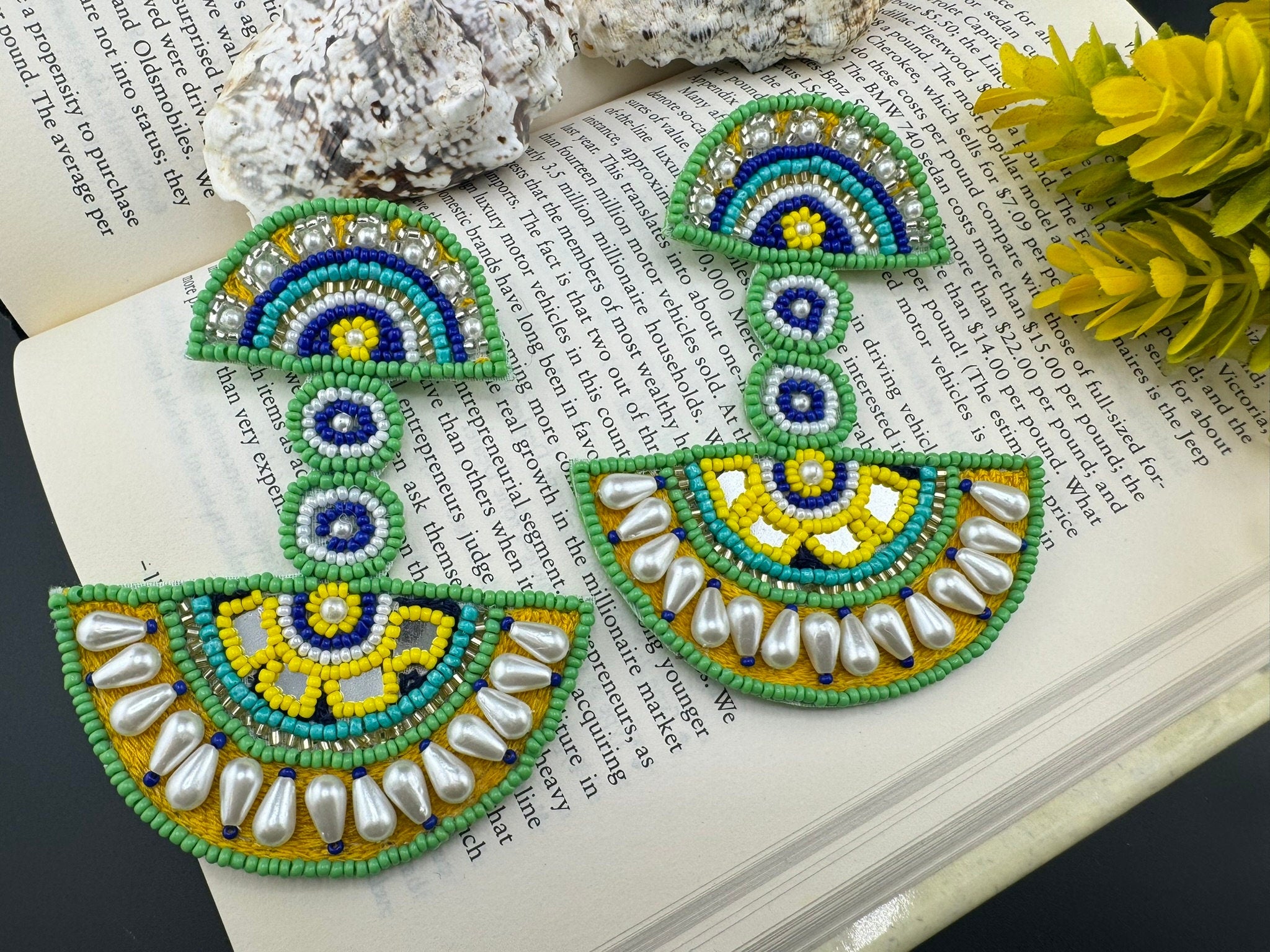Beaded Oversized Long Quirky Green earring/Handmade Oversized earrings