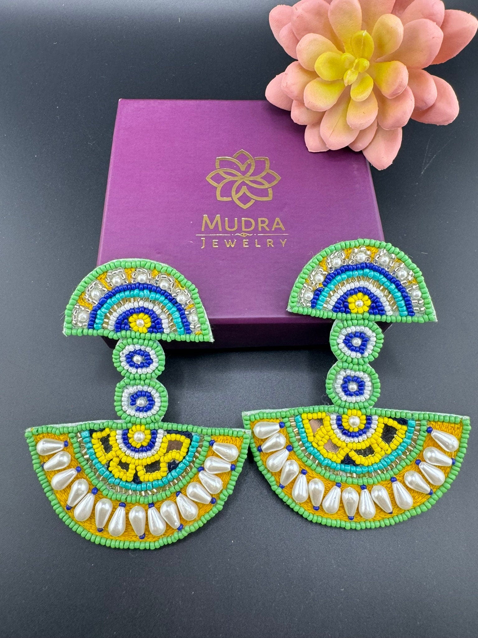 Beaded Oversized Long Quirky Green earring/Handmade Oversized earrings