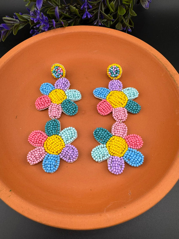 Beaded multicolor Long Quirky flower earrings / Handmade earrings