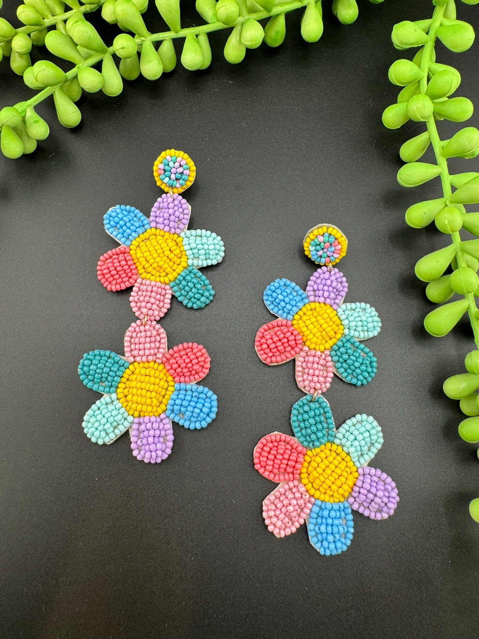 Beaded multicolor Long Quirky flower earrings / Handmade earrings