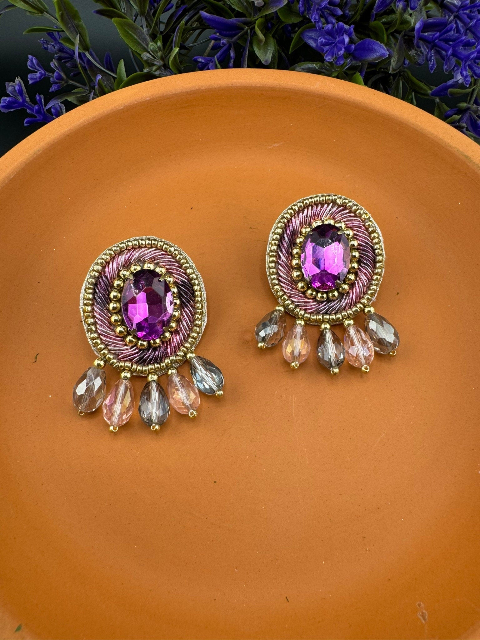 Beaded Crystal Purple Oval Big Studs Quirky earring/Handmade earrings