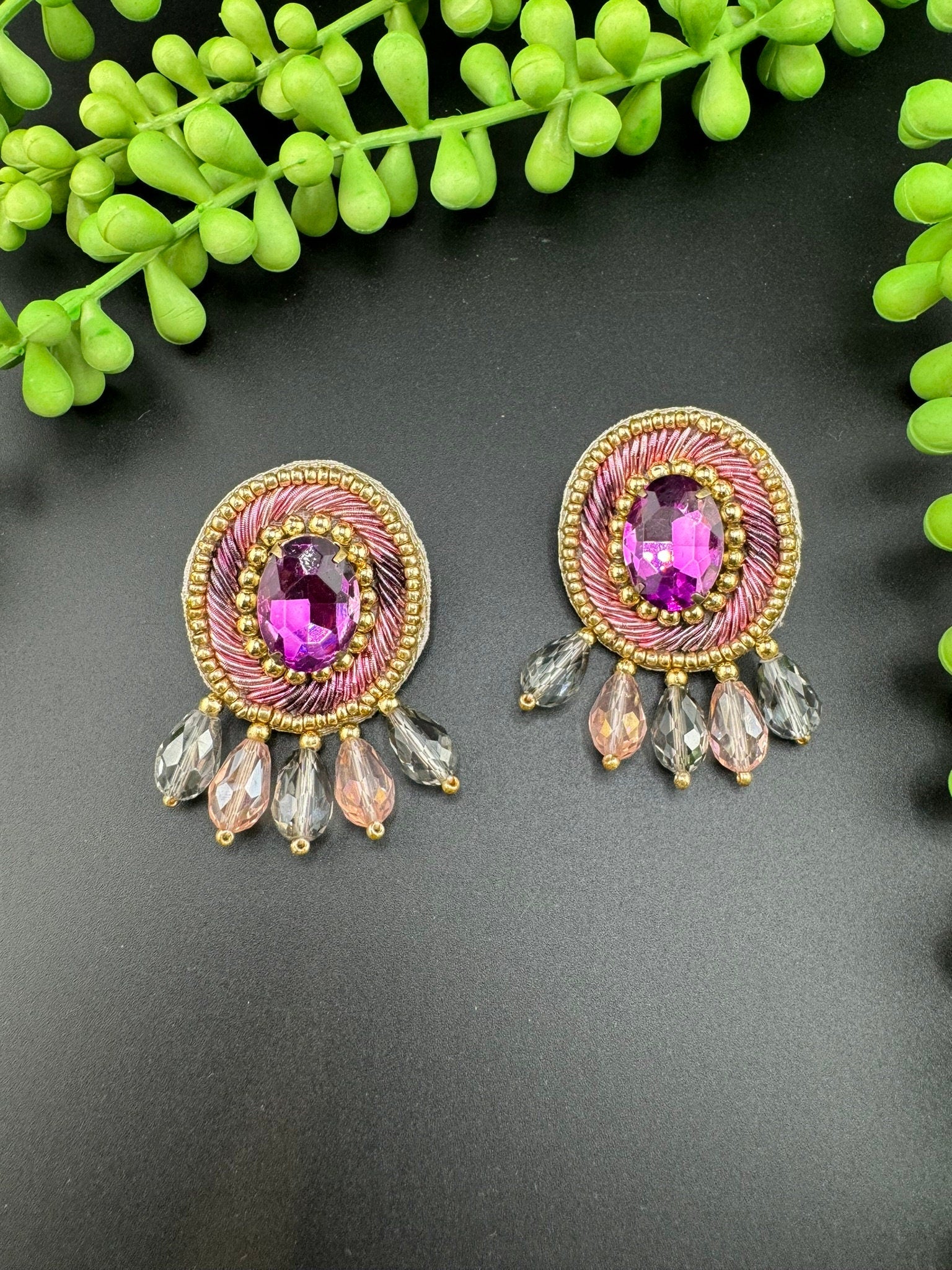 Beaded Crystal Purple Oval Big Studs Quirky earring/Handmade earrings