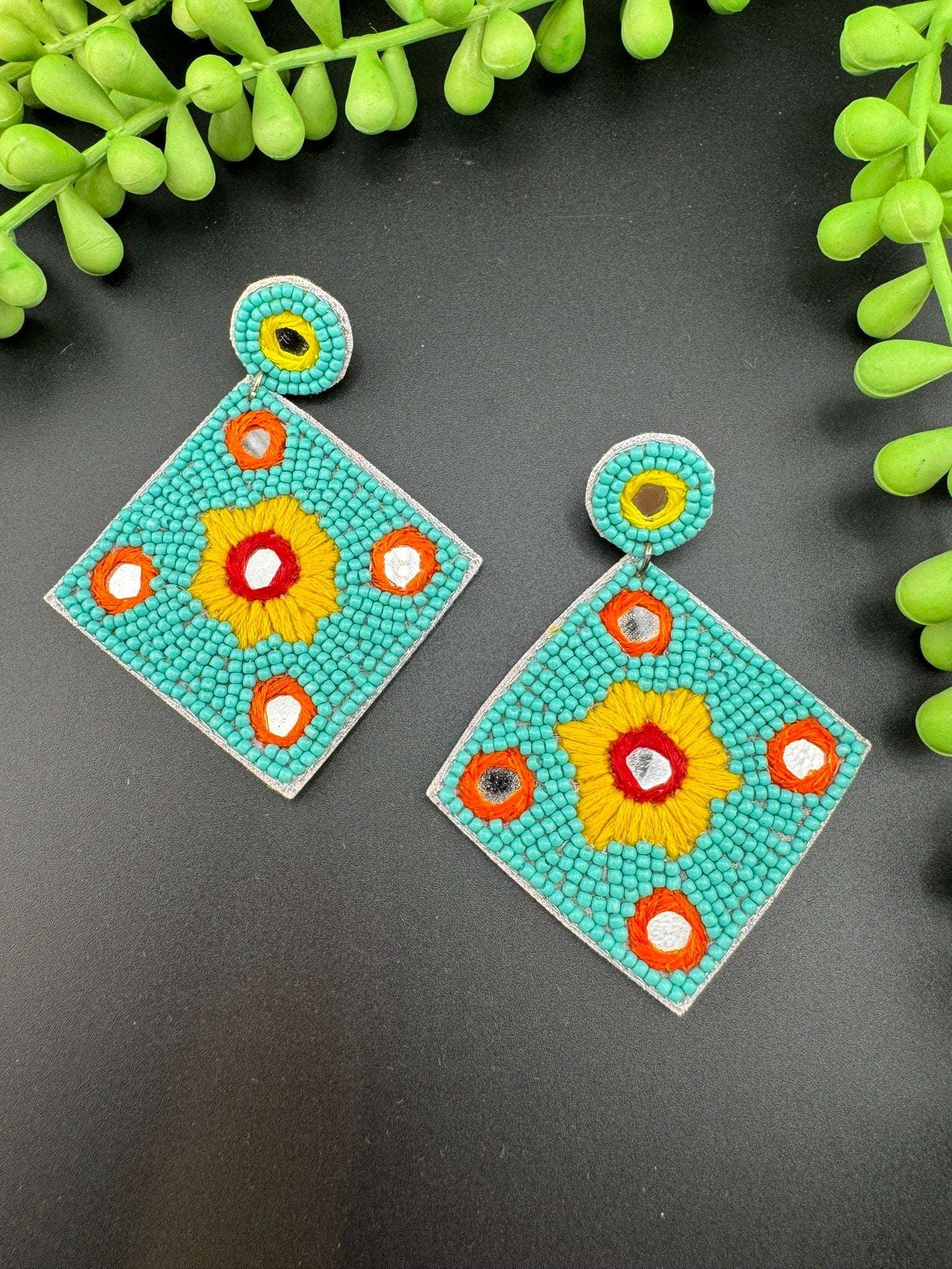 Beaded Teal/Turquoise Mirror Quirky Beaded earrings/Handmade earrings