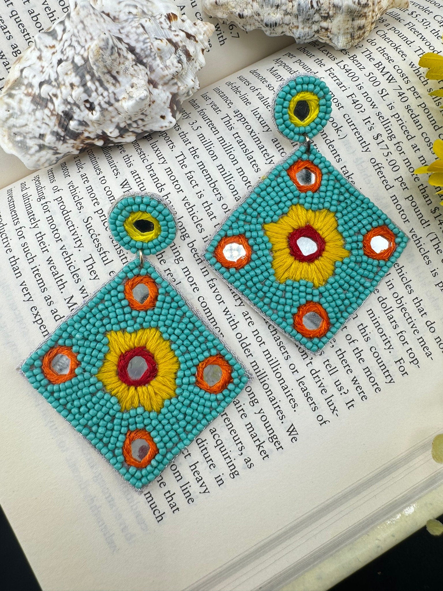 Beaded Teal/Turquoise Mirror Quirky Beaded earrings/Handmade earrings