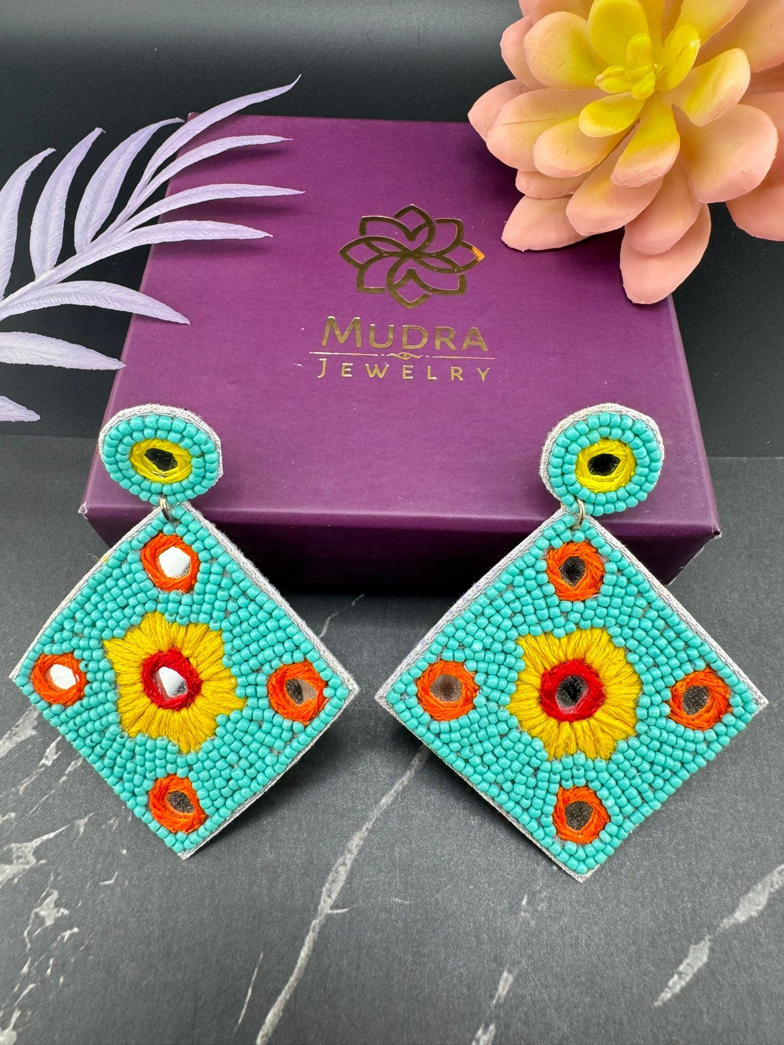 Beaded Teal/Turquoise Mirror Quirky Beaded earrings/Handmade earrings