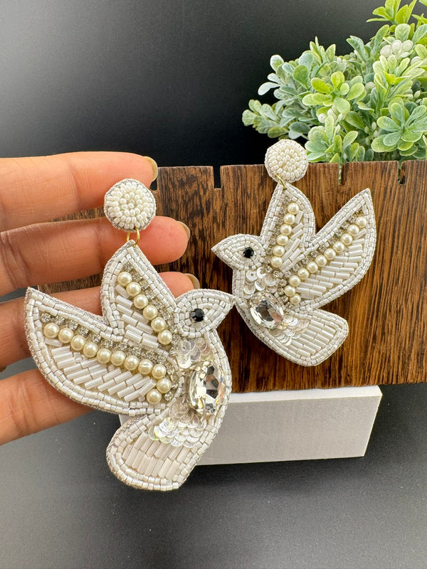Beaded White Dove pigeon Quirky Unique earrings