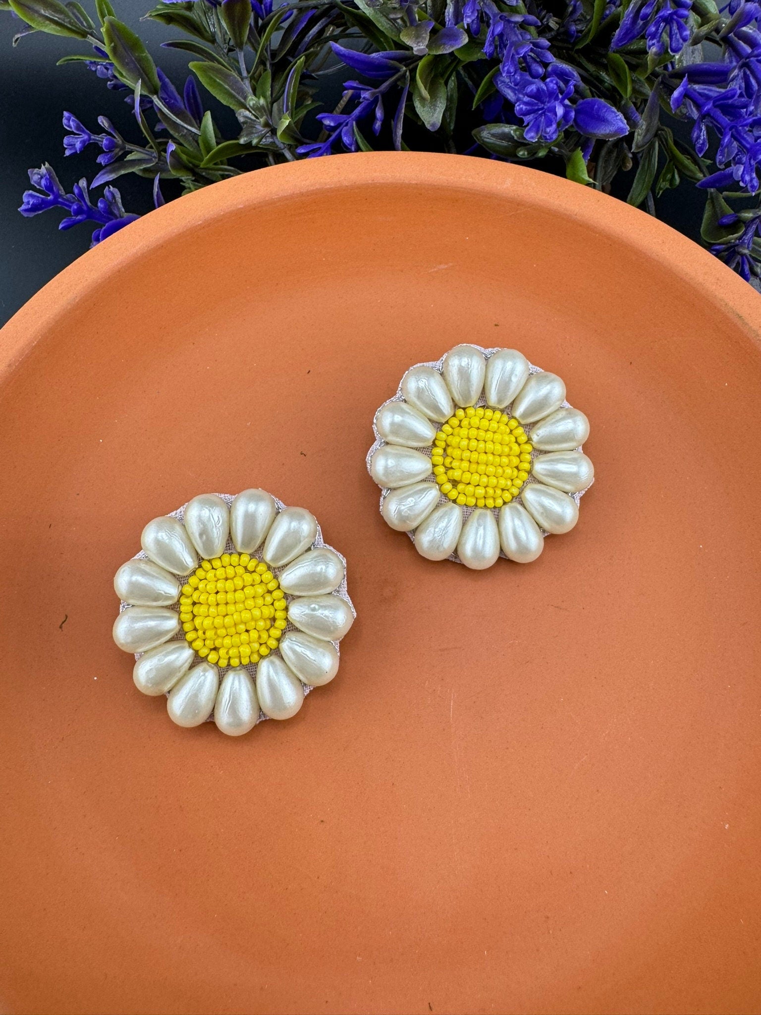 Yellow Beaded Pearl Flower quirky Studs earrings