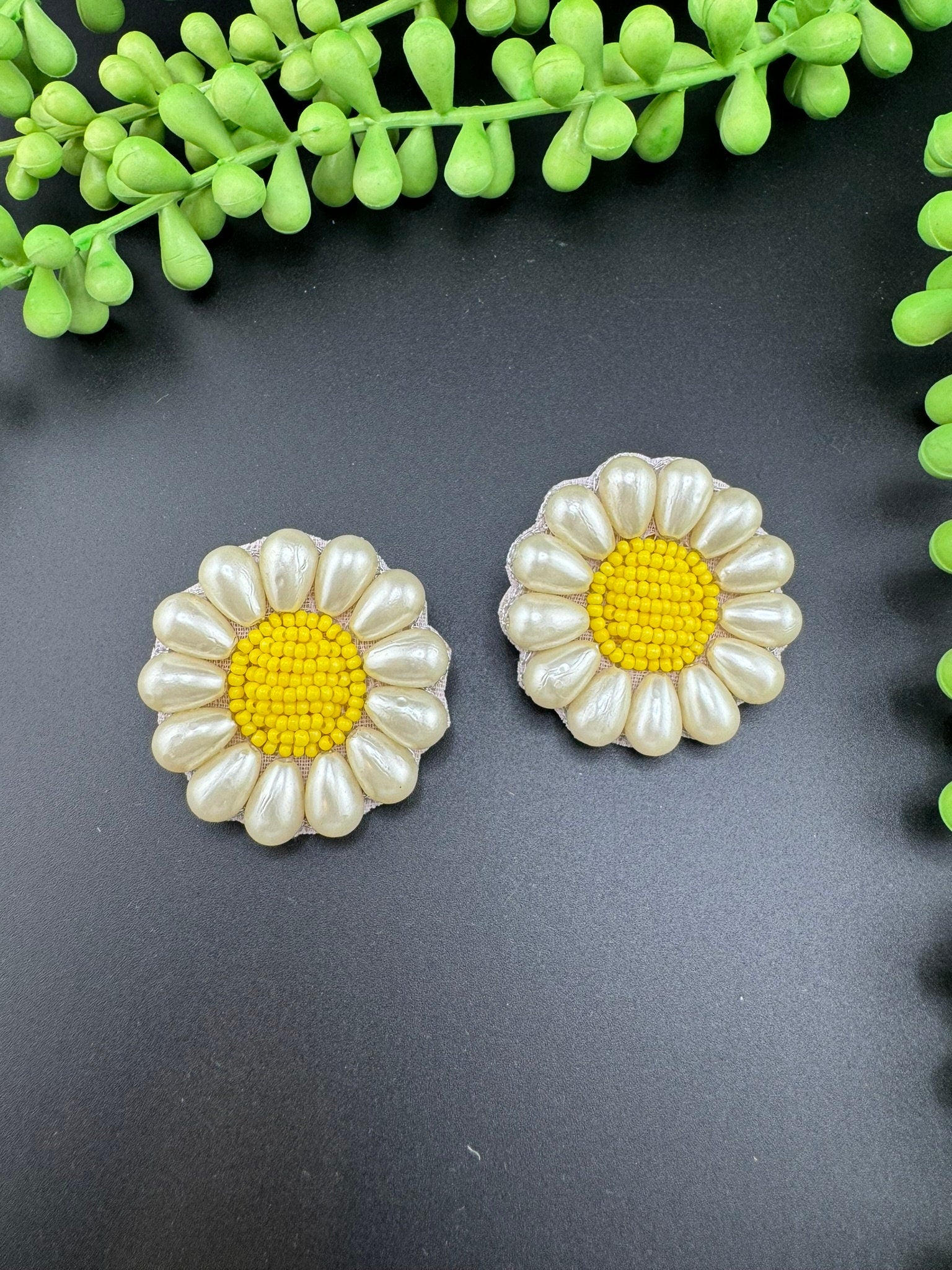 Yellow Beaded Pearl Flower quirky Studs earrings