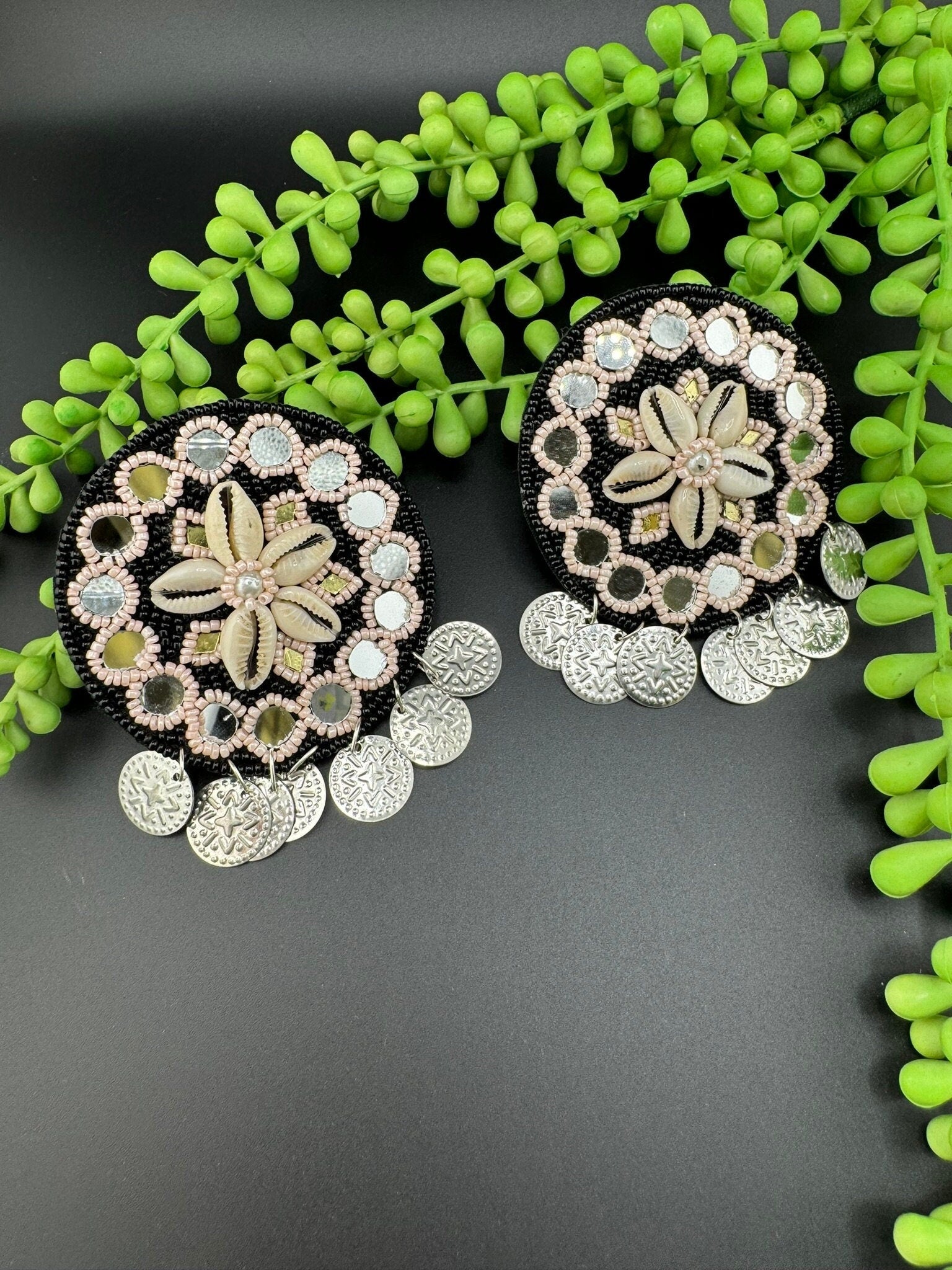 Black Beaded Mirror and Shell Oversized Stud earrings, cowrie/cowri Jewelry
