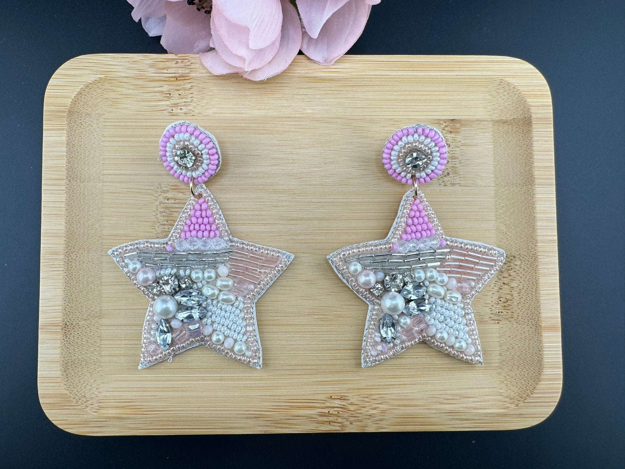 Beaded Baby Pink Glitter Star Quirky Beaded earrings