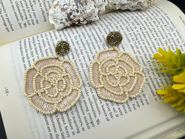 Gold and Beige Rose Beaded earrings, Quirky Earrings