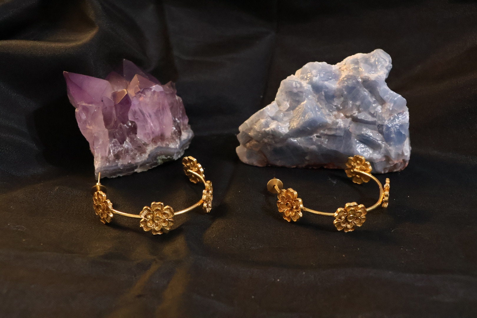 Matt Gold Statement Hoop earrings in unique Flowers design around hoop