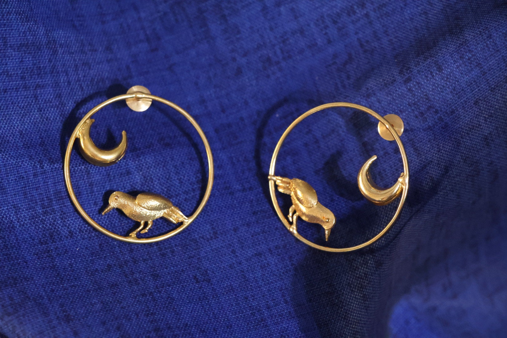 Matt Gold unique Hoop earrings in unique Moon and  Bird design