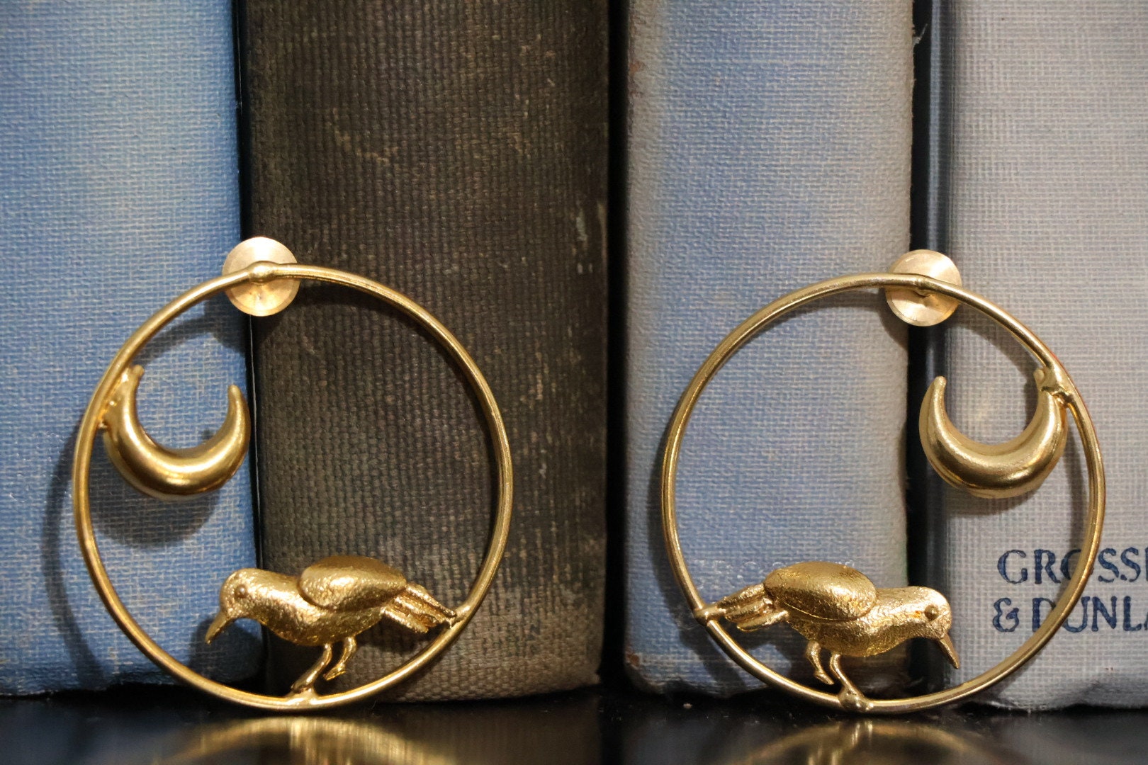 Matt Gold unique Hoop earrings in unique Moon and  Bird design