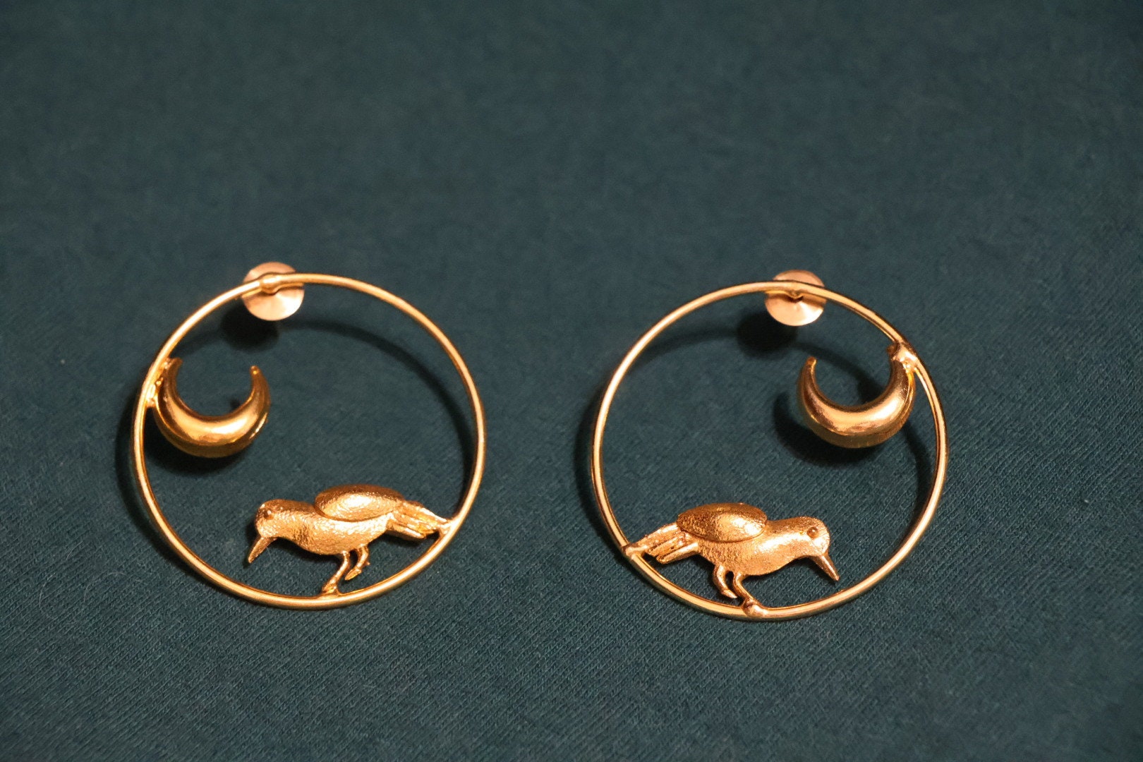 Matt Gold unique Hoop earrings in unique Moon and  Bird design
