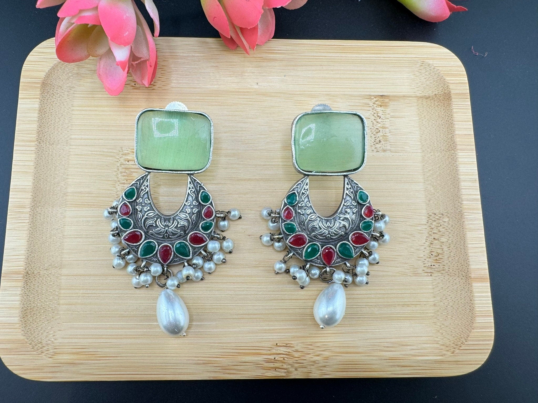 Mint/Light Green German Silver Oxidized chandbali with Monalisa Stone and pearls