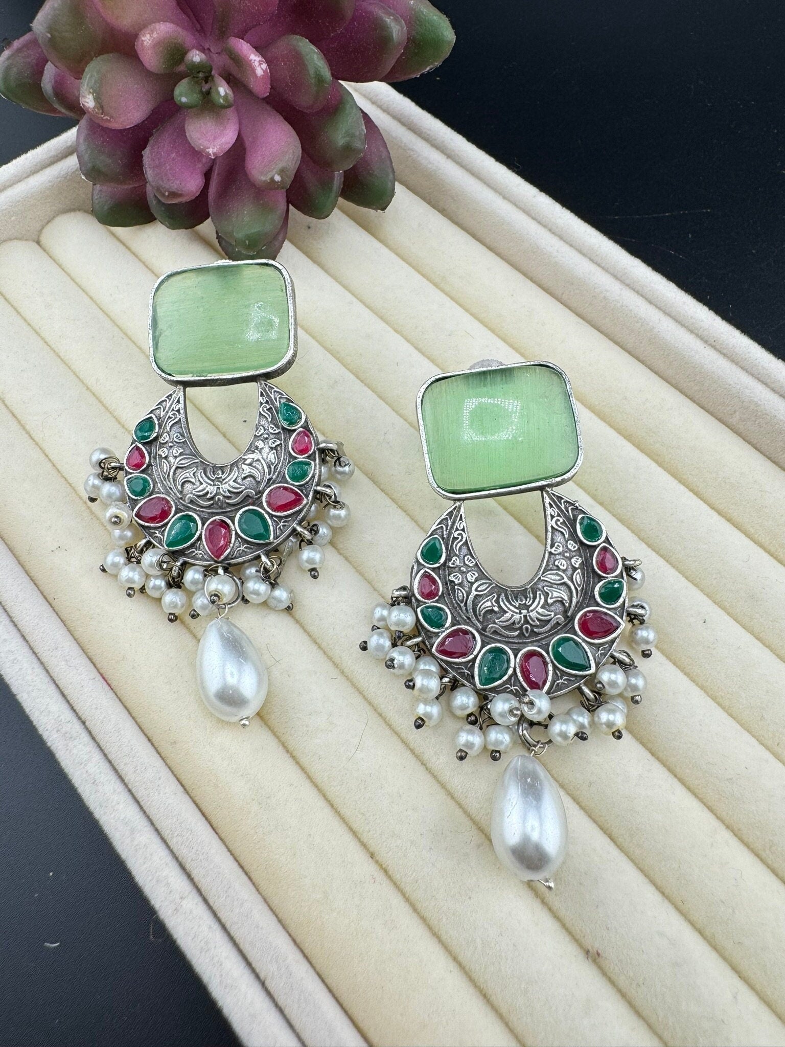 Mint/Light Green German Silver Oxidized chandbali with Monalisa Stone and pearls