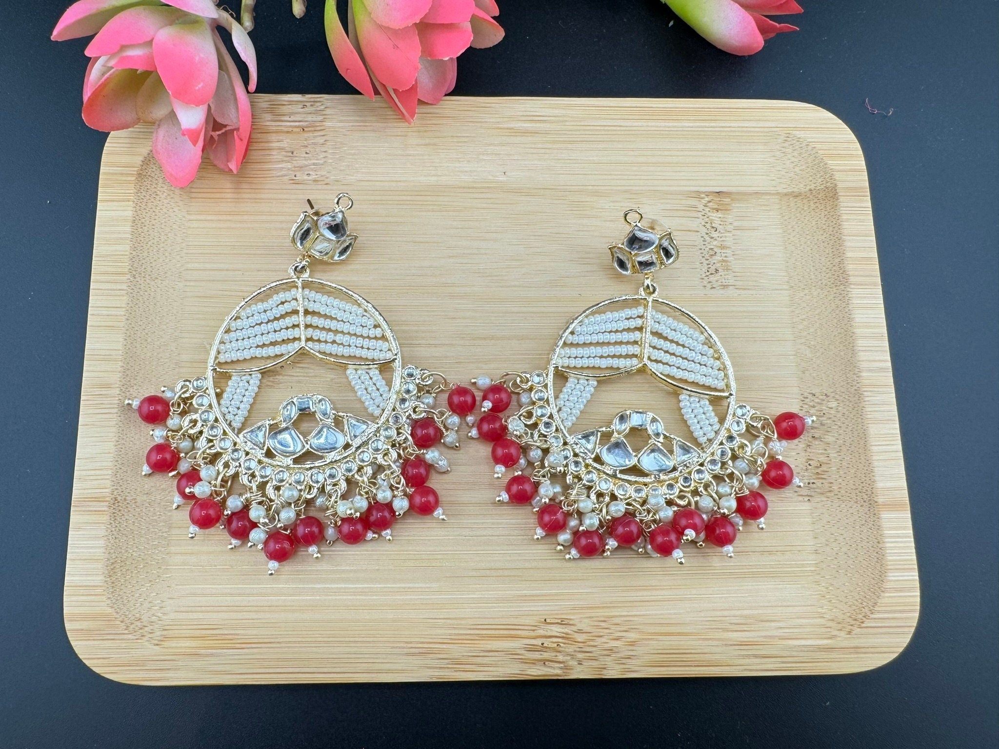 Pink and Gold Punjabi Chandbali with kundan and pearls detailings