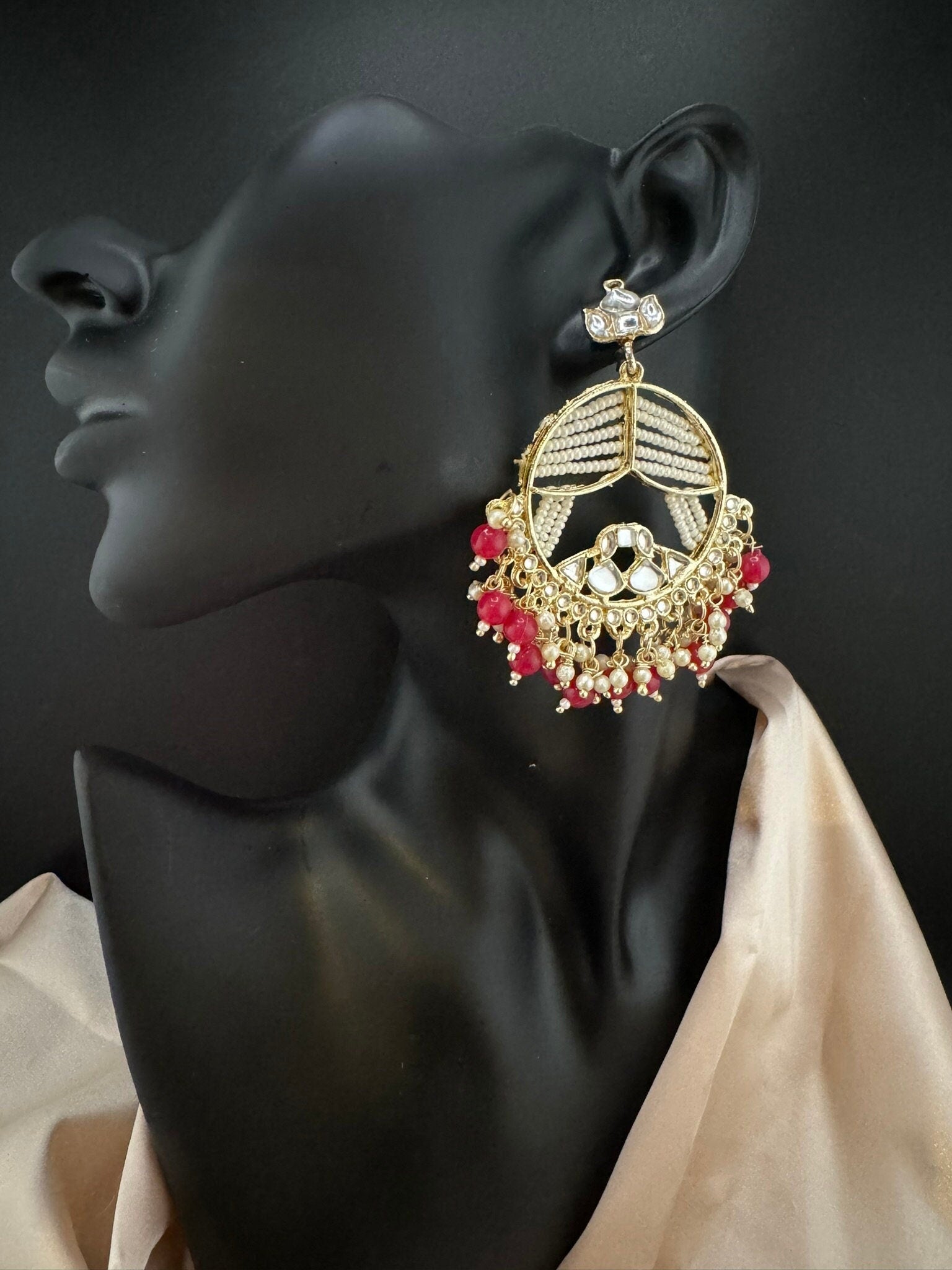 Pink and Gold Punjabi Chandbali with kundan and pearls detailings