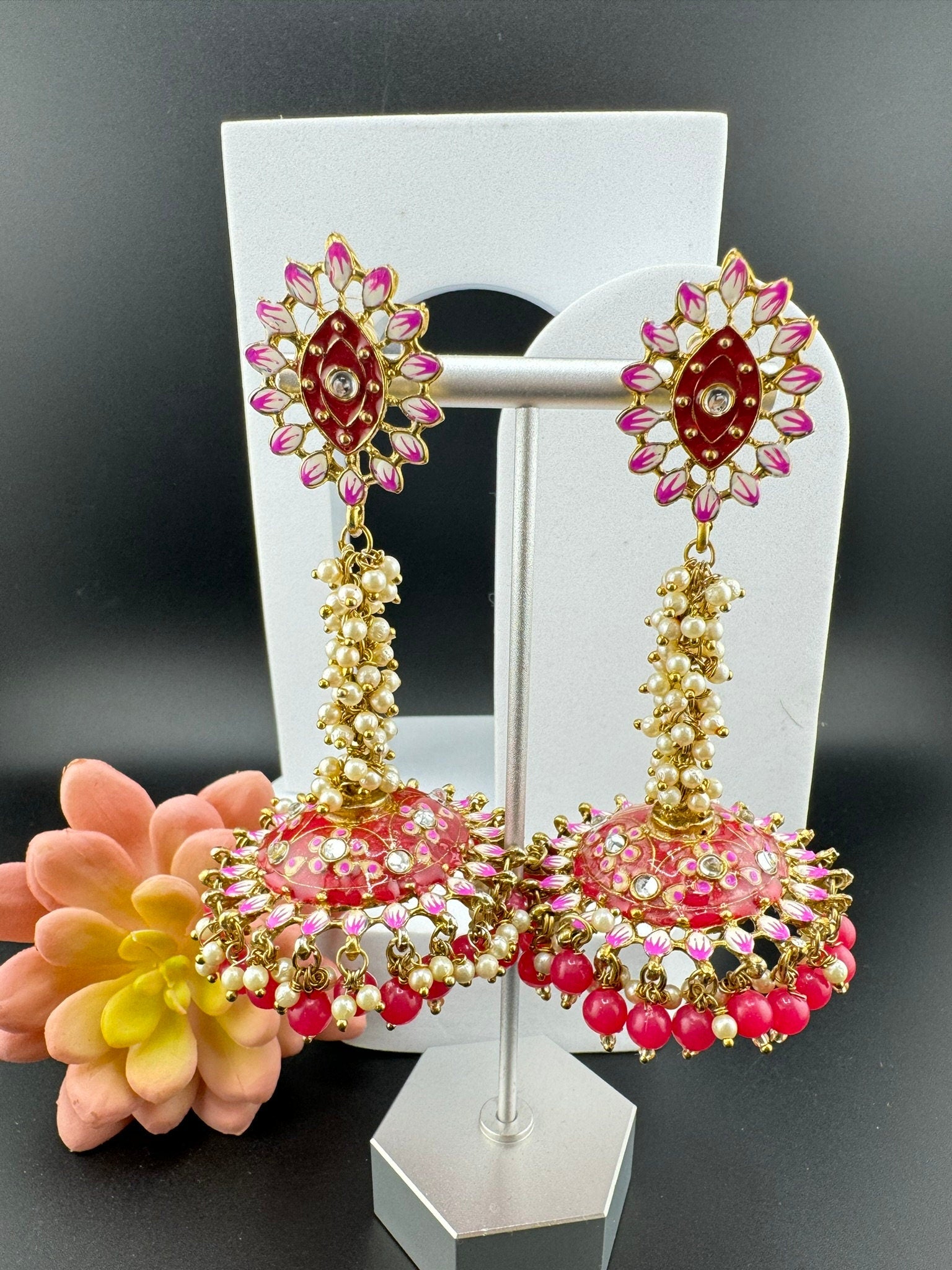 Long Jhumka with Minakari work, kundan and pearls details long Jhumka Earrings