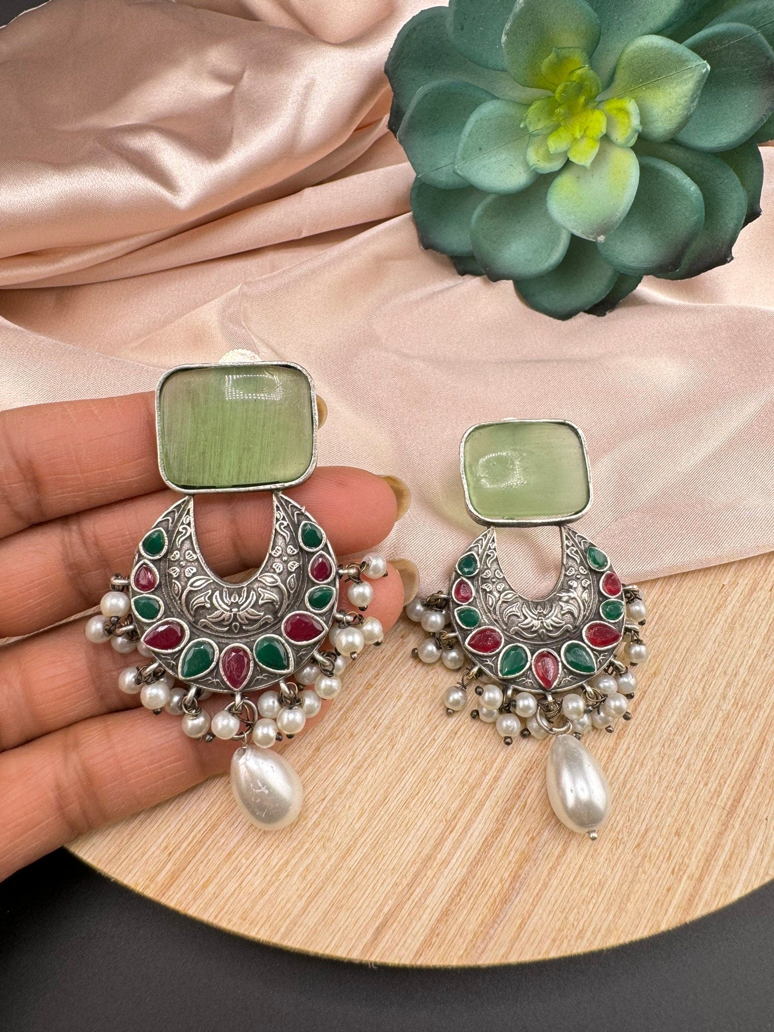 Mint/Light Green German Silver Oxidized chandbali with Monalisa Stone and pearls