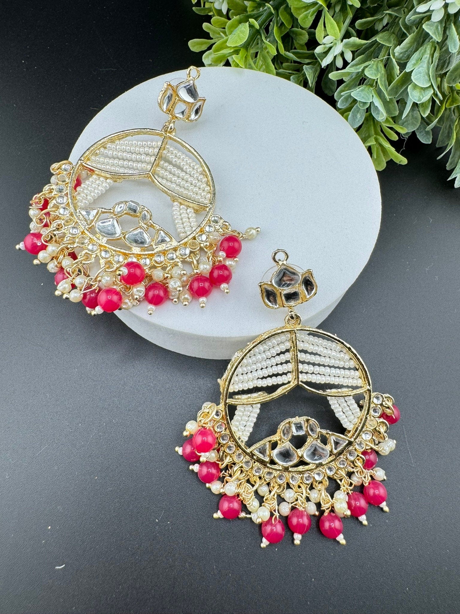 Pink and Gold Punjabi Chandbali with kundan and pearls detailings