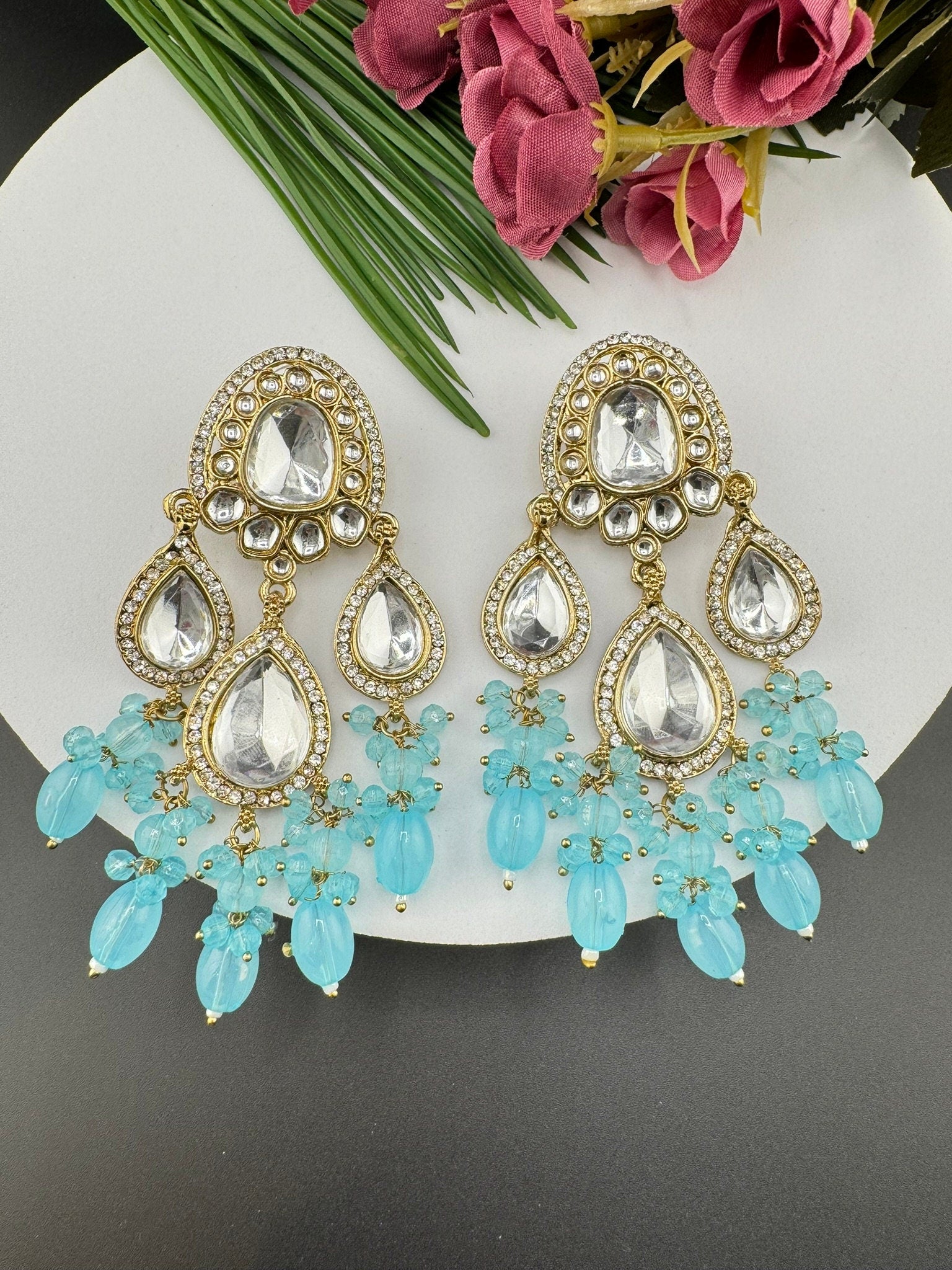 Kundan and Cubic Zirconia Long Chand Bali viral earring with stones and pearls