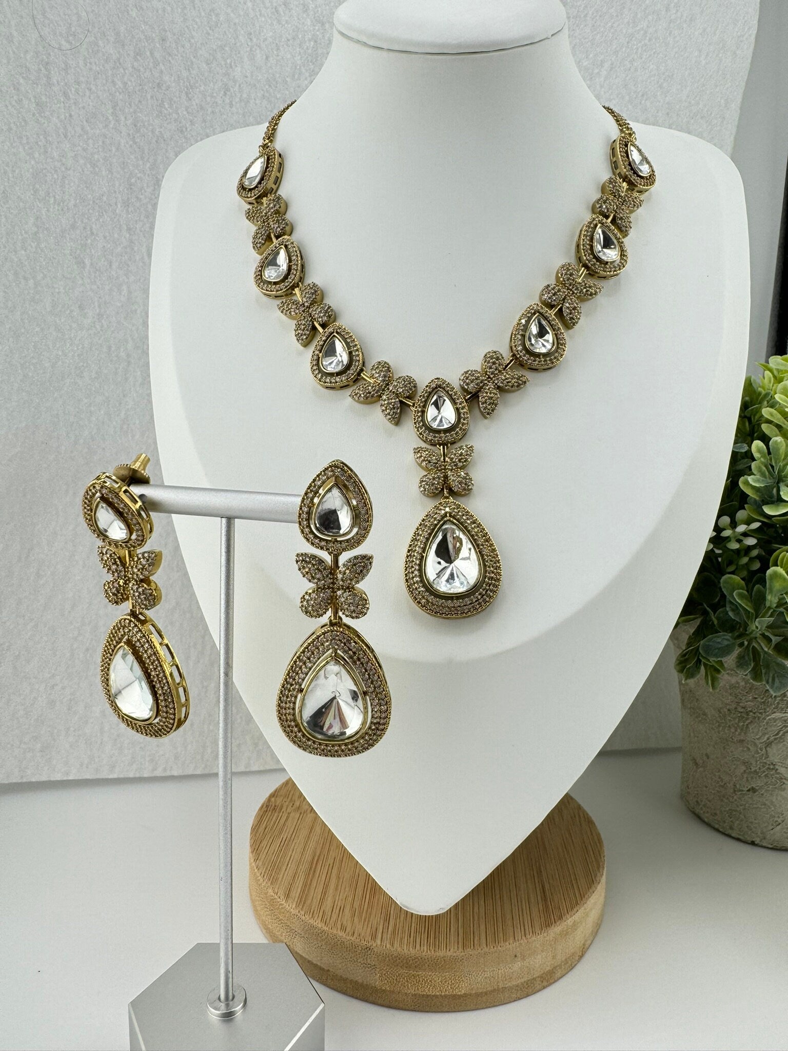 Premium Victorian Long Necklace set with long earrings with Moissanite Kundan and Cubic Zirconia
