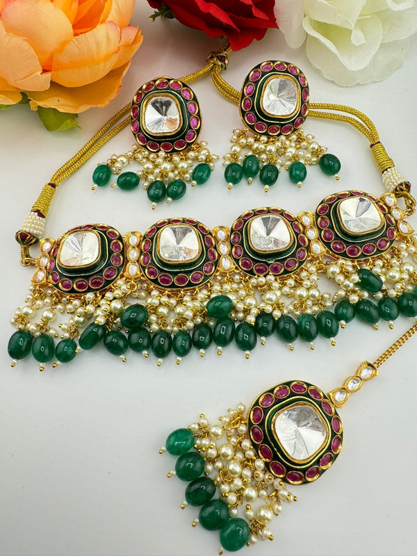 Premium Quality Amrapali fusion Pachi kundan choker Necklace set with earrings and Tika/Moissanite Kundan, natural stones in matt gold/jadau