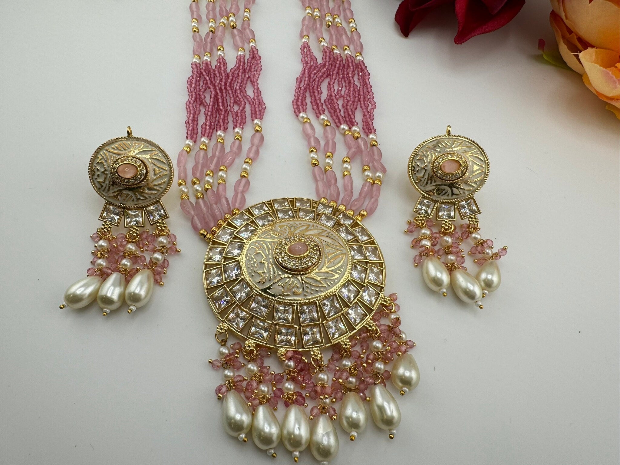 Premium Quality Pink High gloss Minakari Moissanite Kundan Pearls onyx beads Rani Haar/long Necklace set in Moissanite Kundan with earrings