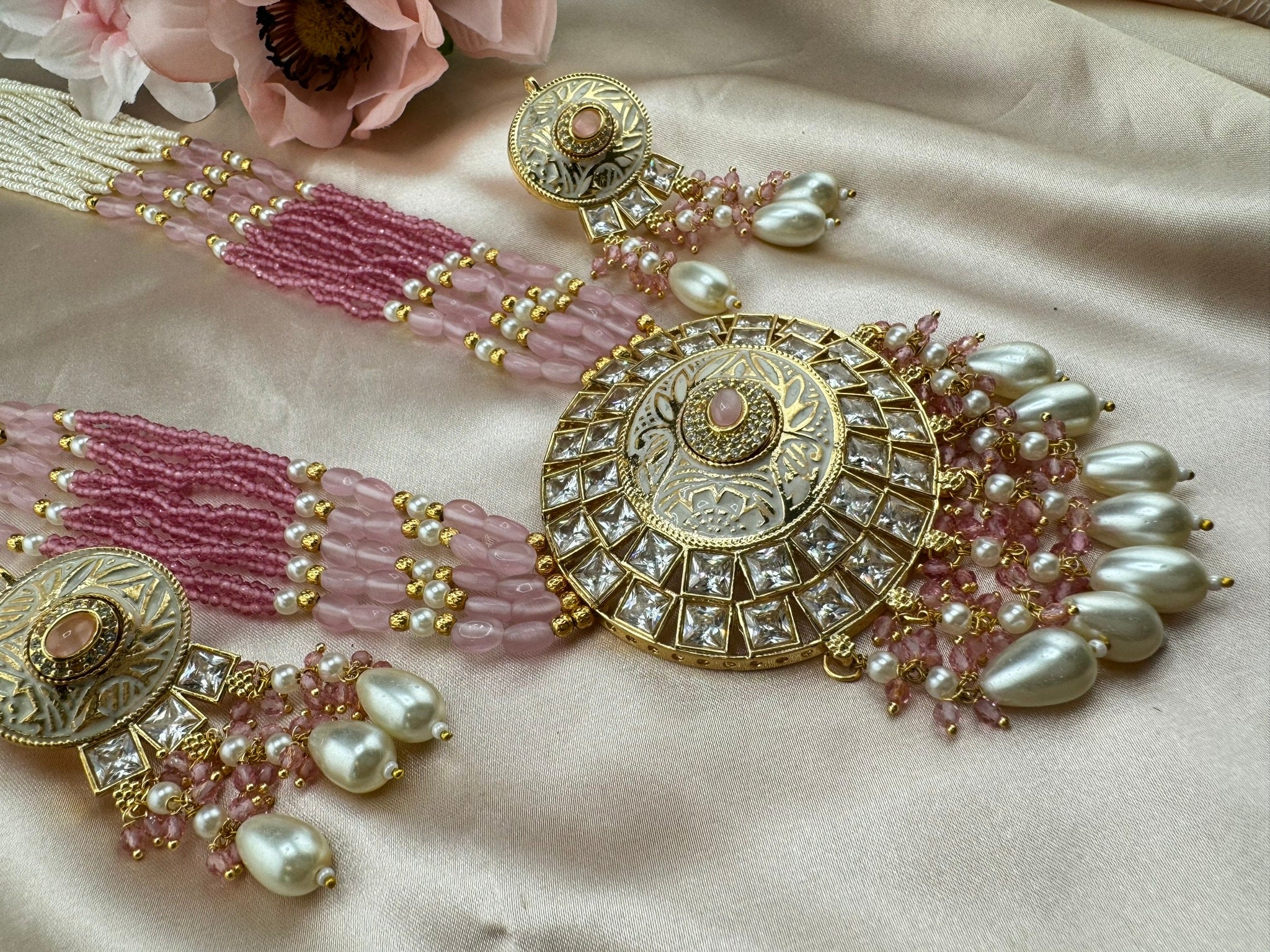 Premium Quality Pink High gloss Minakari Moissanite Kundan Pearls onyx beads Rani Haar/long Necklace set in Moissanite Kundan with earrings