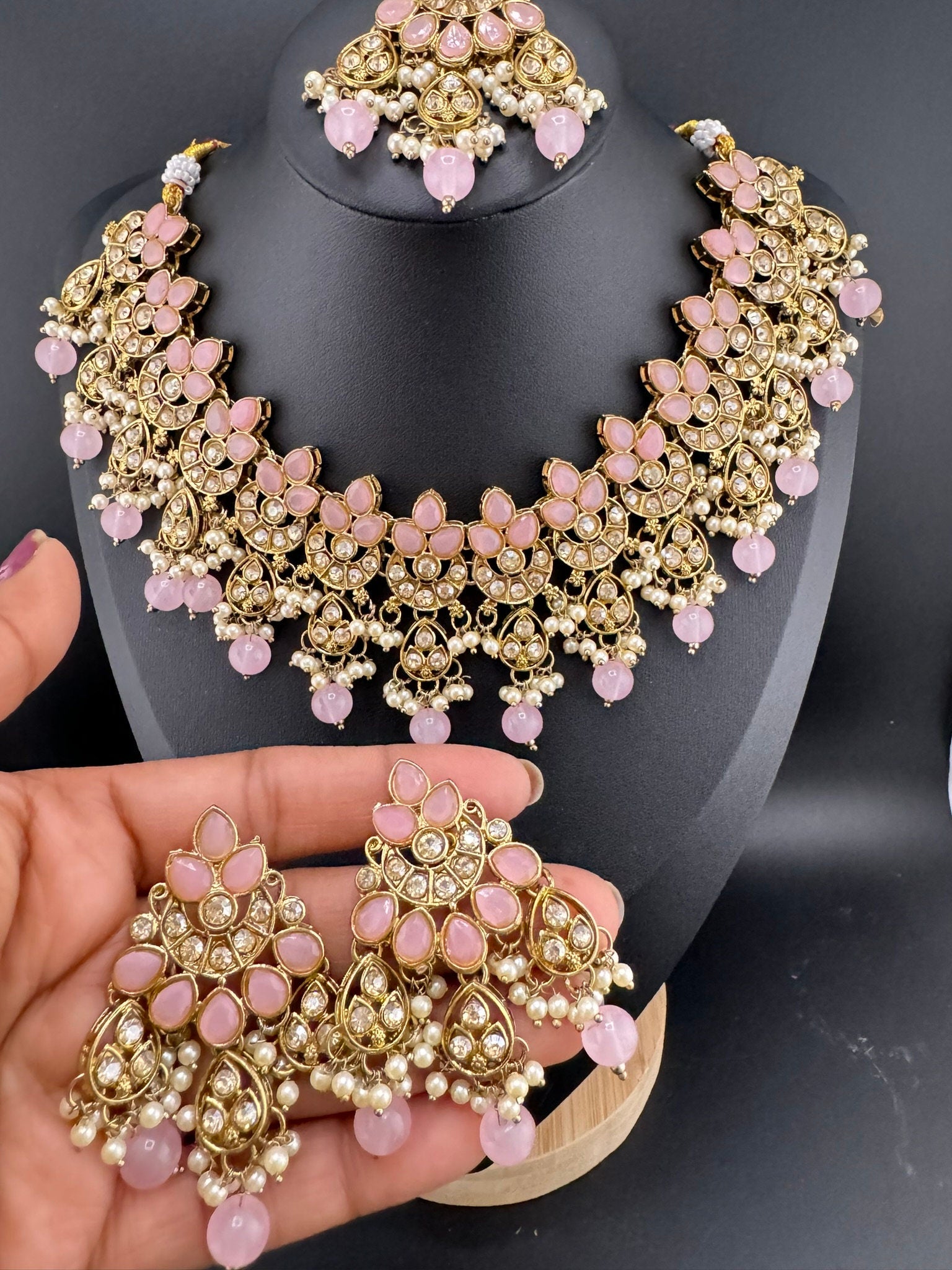 Polki Pink Necklace set with long earring and Tika/ semi-bridal set with Tika
