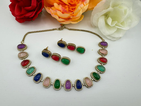 HQ Premium Quality American Diamond CZ, Mutlicolor doublets and monalisa stone Necklace set with long earrings/necklace set/Bridesmaids gift