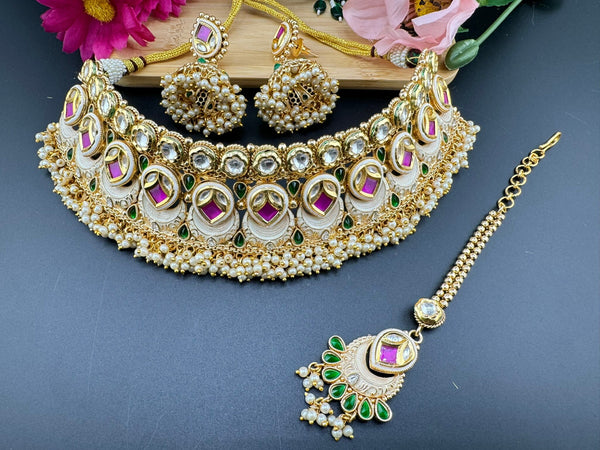 Premium Quality Polki Kundan Minakari Rajwadi polish Necklace Bridal set/RubyNecklace/Wedding Jewelry/Indian Jewelry/Rajwadi choker set