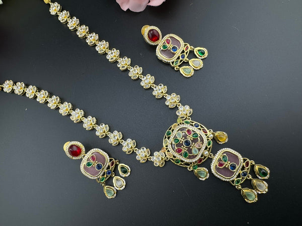 Polki, Premium Moissanite Kundan, CZ, Pink High Polish Long Amrapali inspired Necklace with earrings/Indian jewelry/Bridal necklace/wedding
