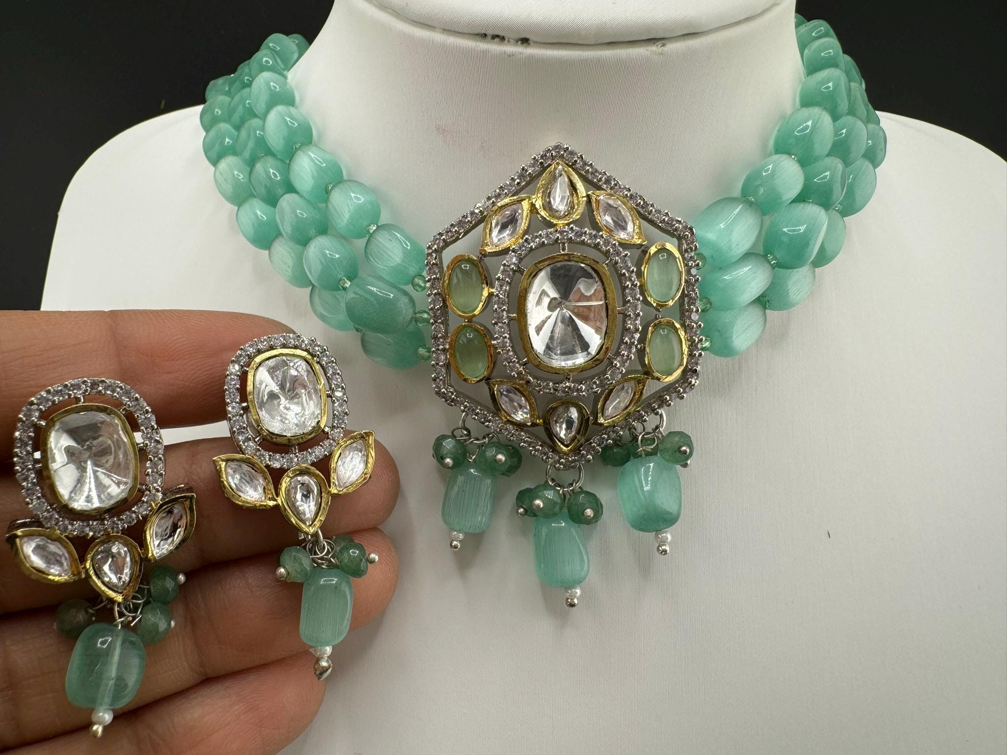 Tyaani Inspired Premium Fusion necklace with HQ Kundan, onyx beads and natural stones