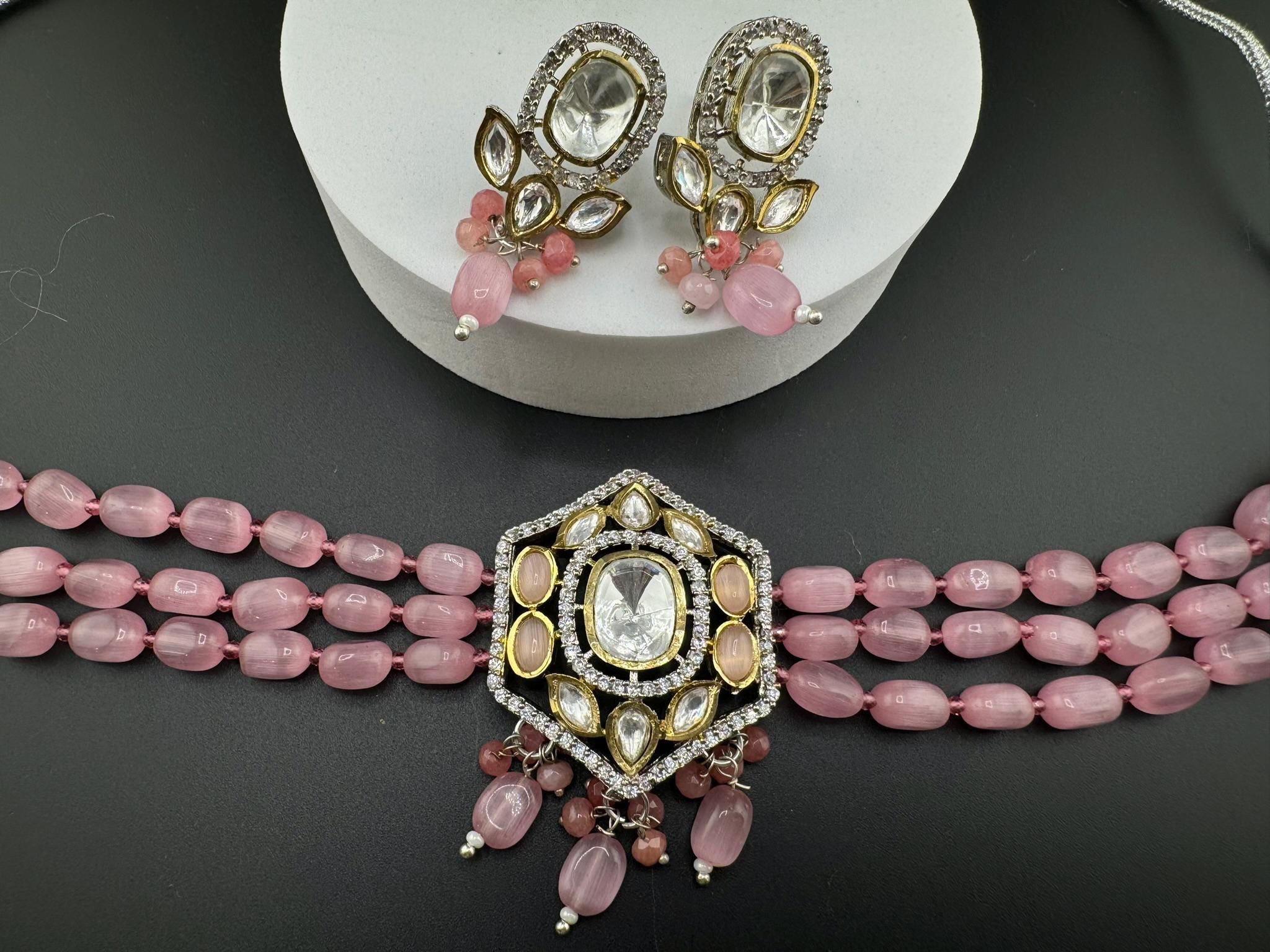 Tyaani Inspired Premium Fusion necklace with HQ Kundan, onyx beads and natural stones