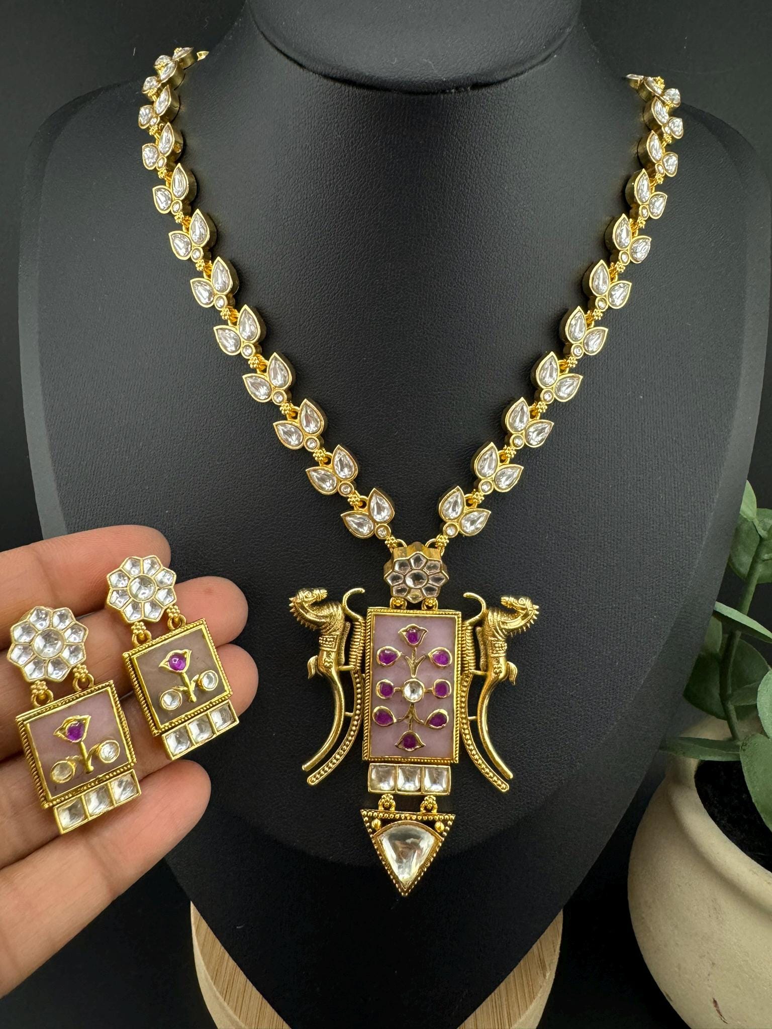 Pink Amrapali Inspired, Premium Quality Inlay work on natural stone long Necklace set
