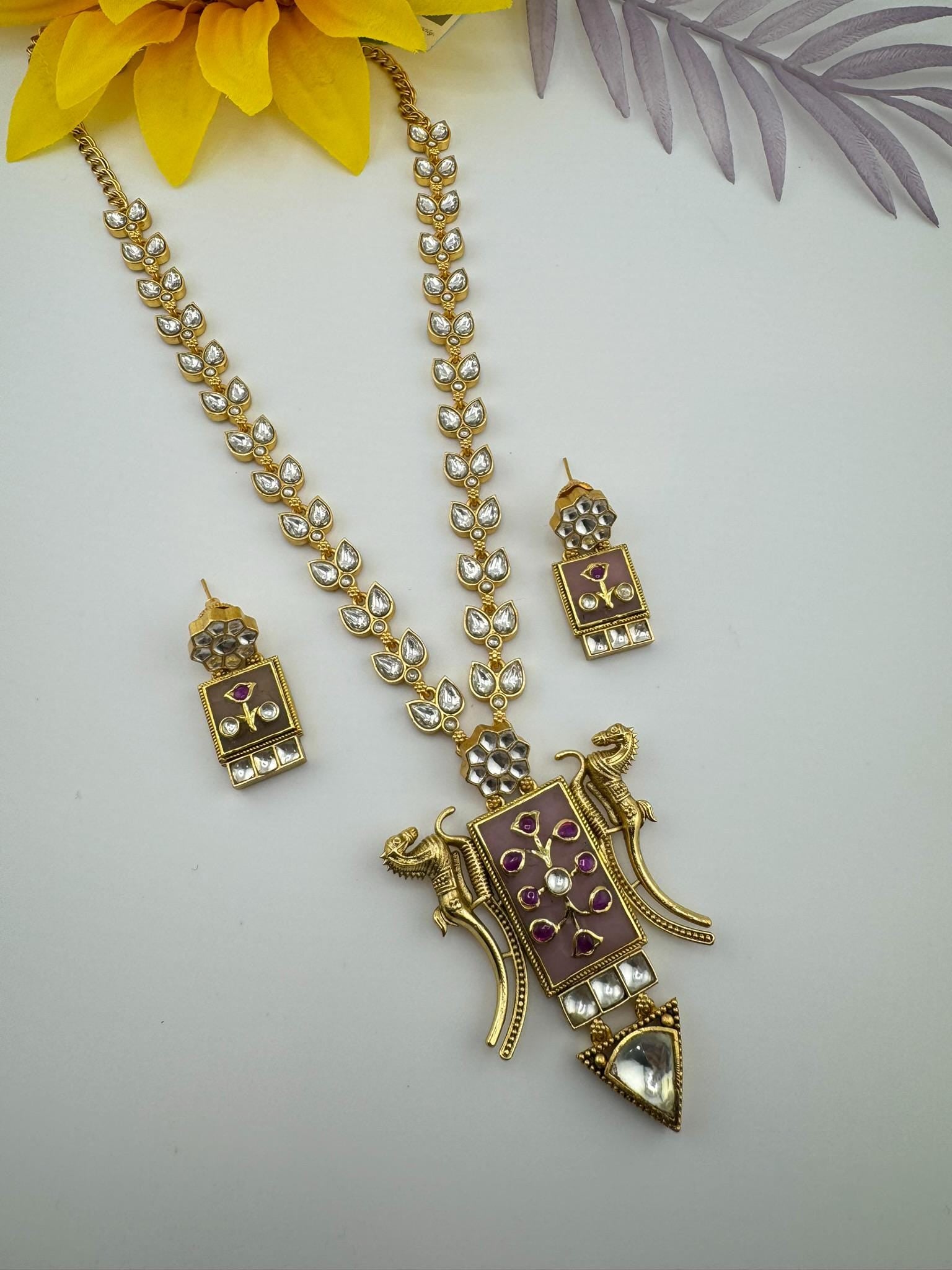 Pink Amrapali Inspired, Premium Quality Inlay work on natural stone long Necklace set