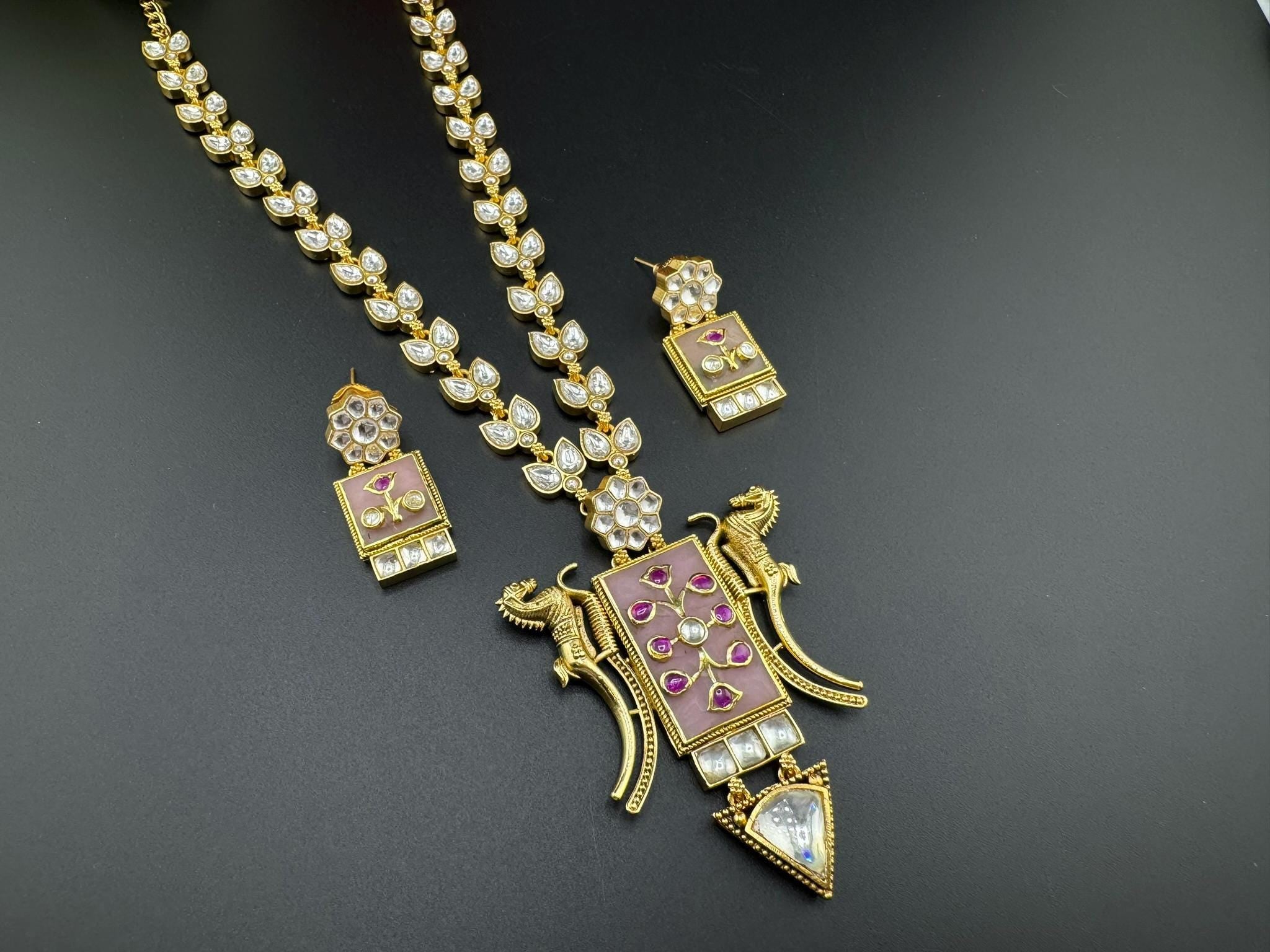 Pink Amrapali Inspired, Premium Quality Inlay work on natural stone long Necklace set